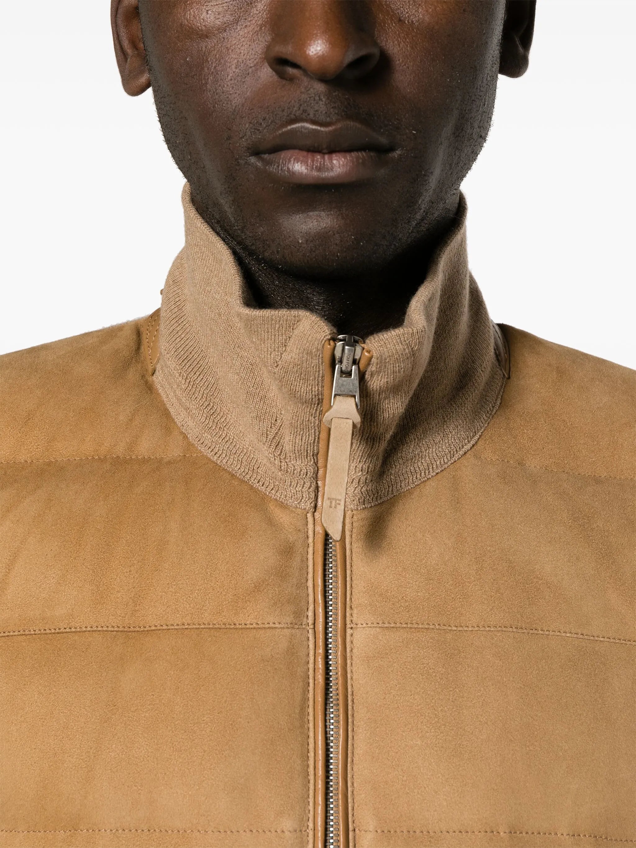 knit-panelled leather puffer jacket