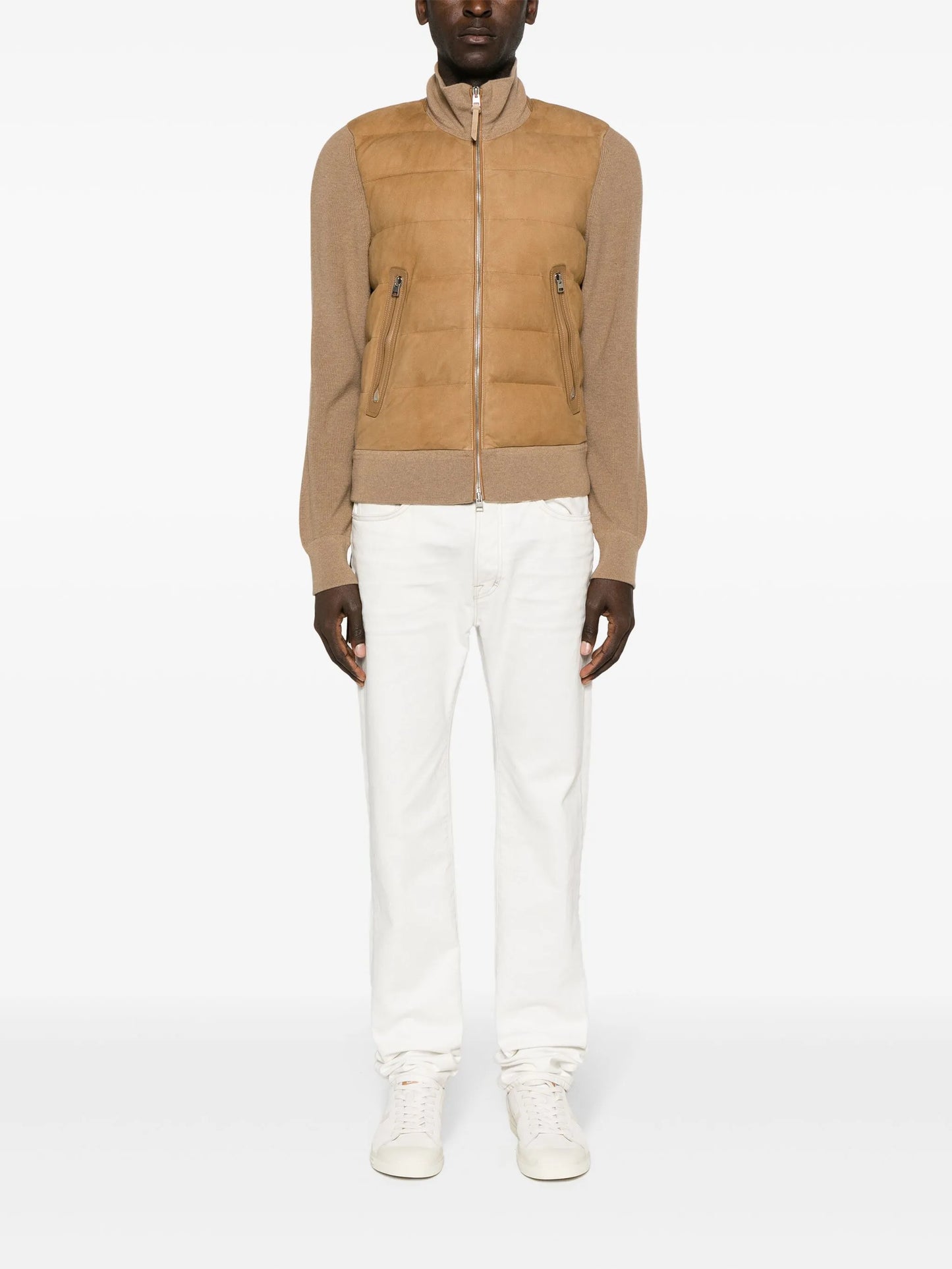 knit-panelled leather puffer jacket