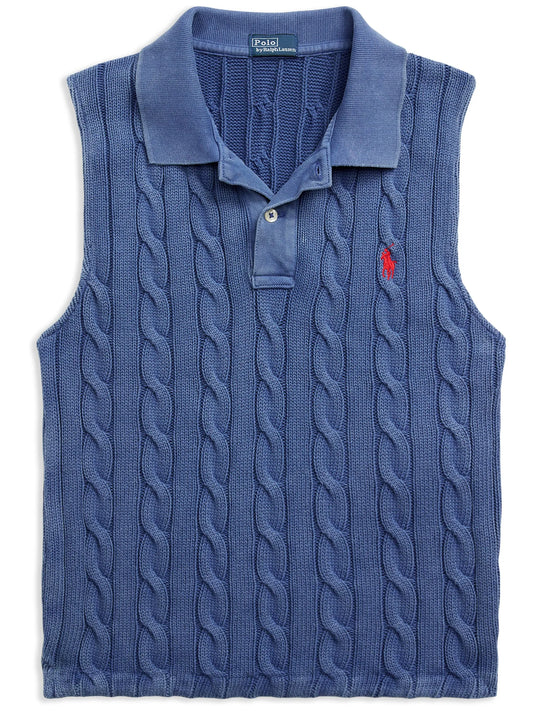 cable-knit cotton polo top