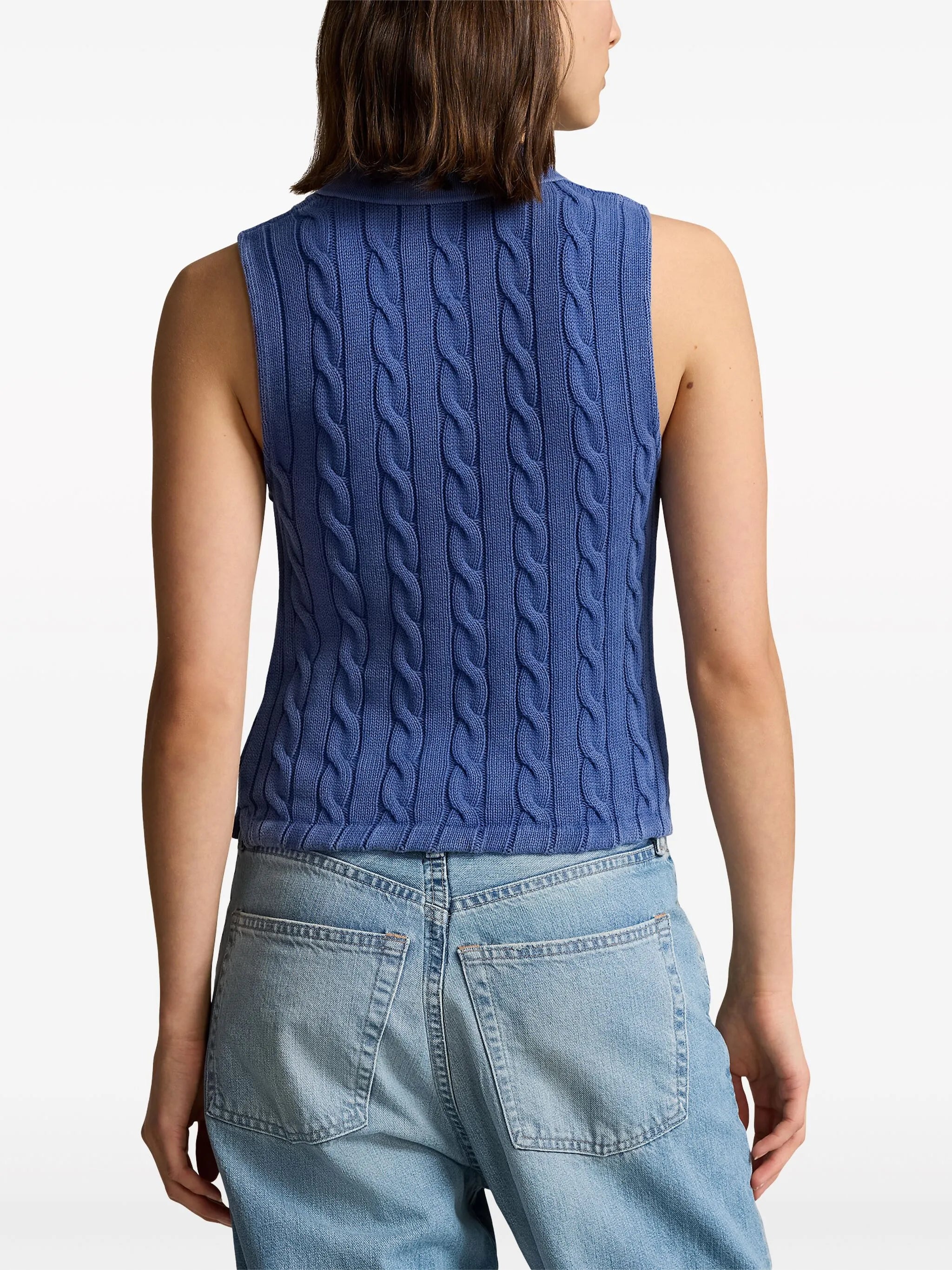 cable-knit cotton polo top