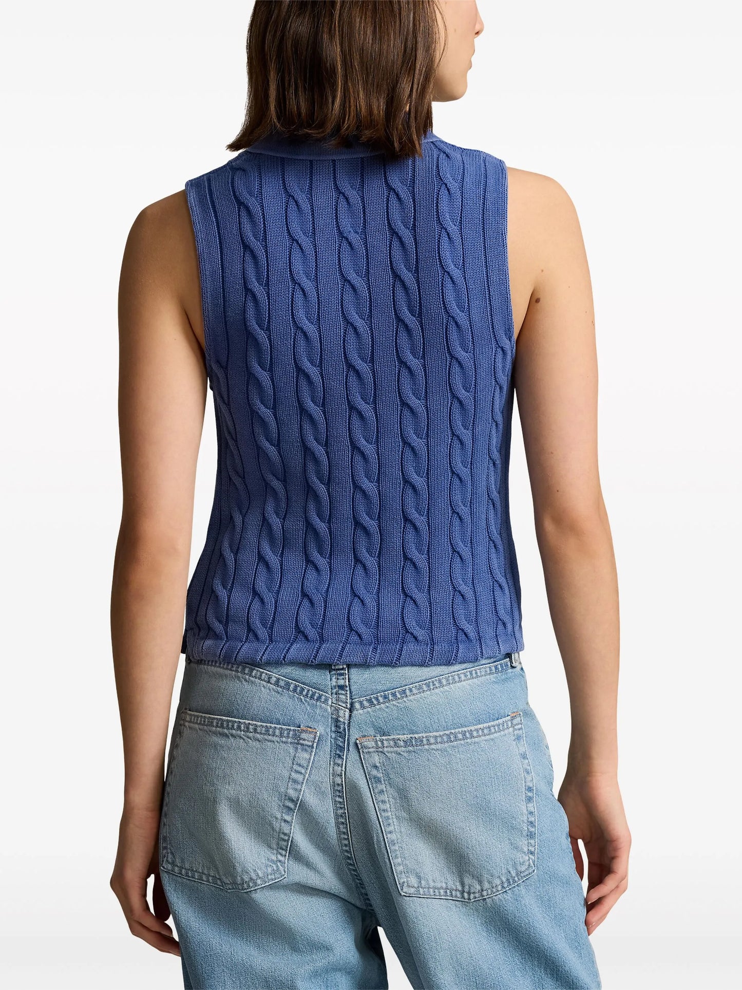 cable-knit cotton polo top