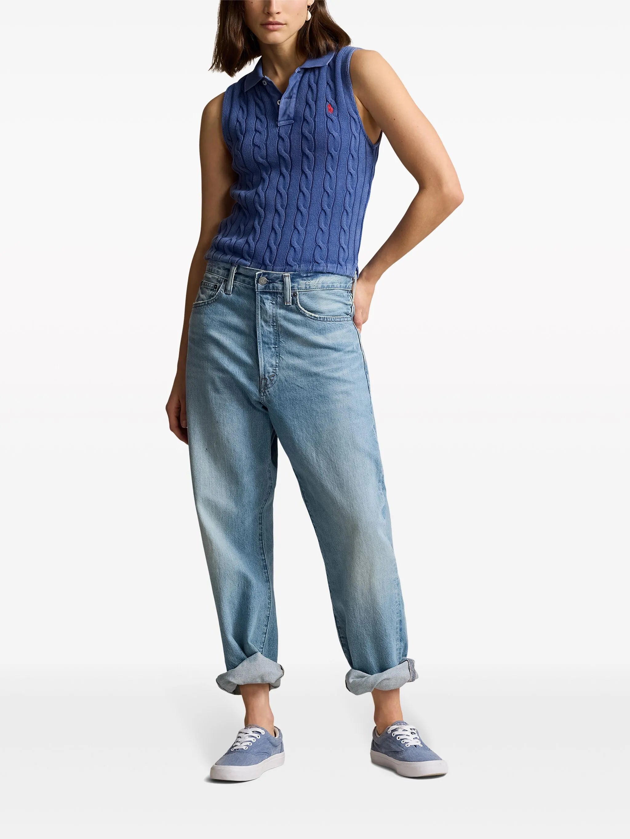 cable-knit cotton polo top