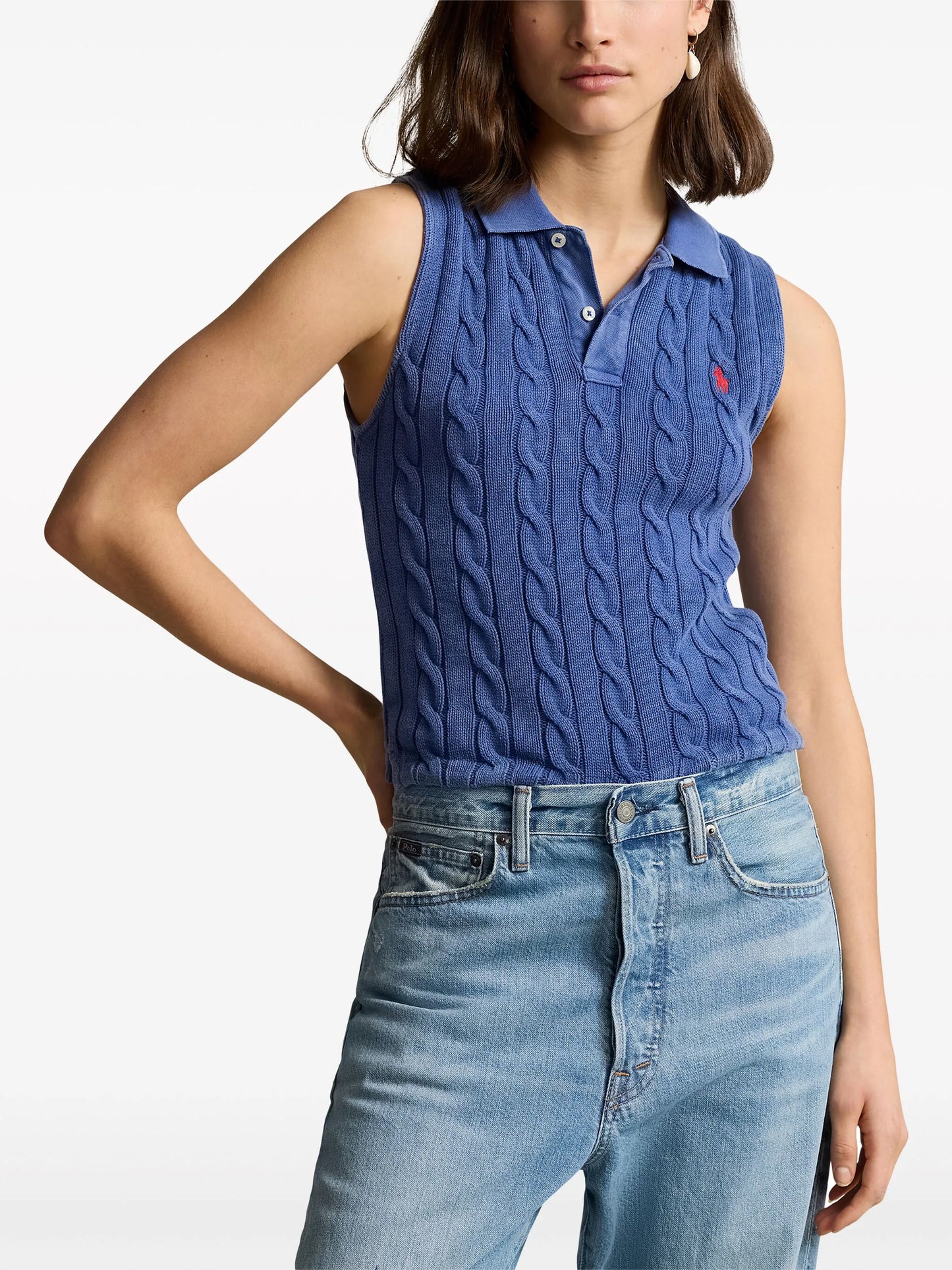 cable-knit cotton polo top