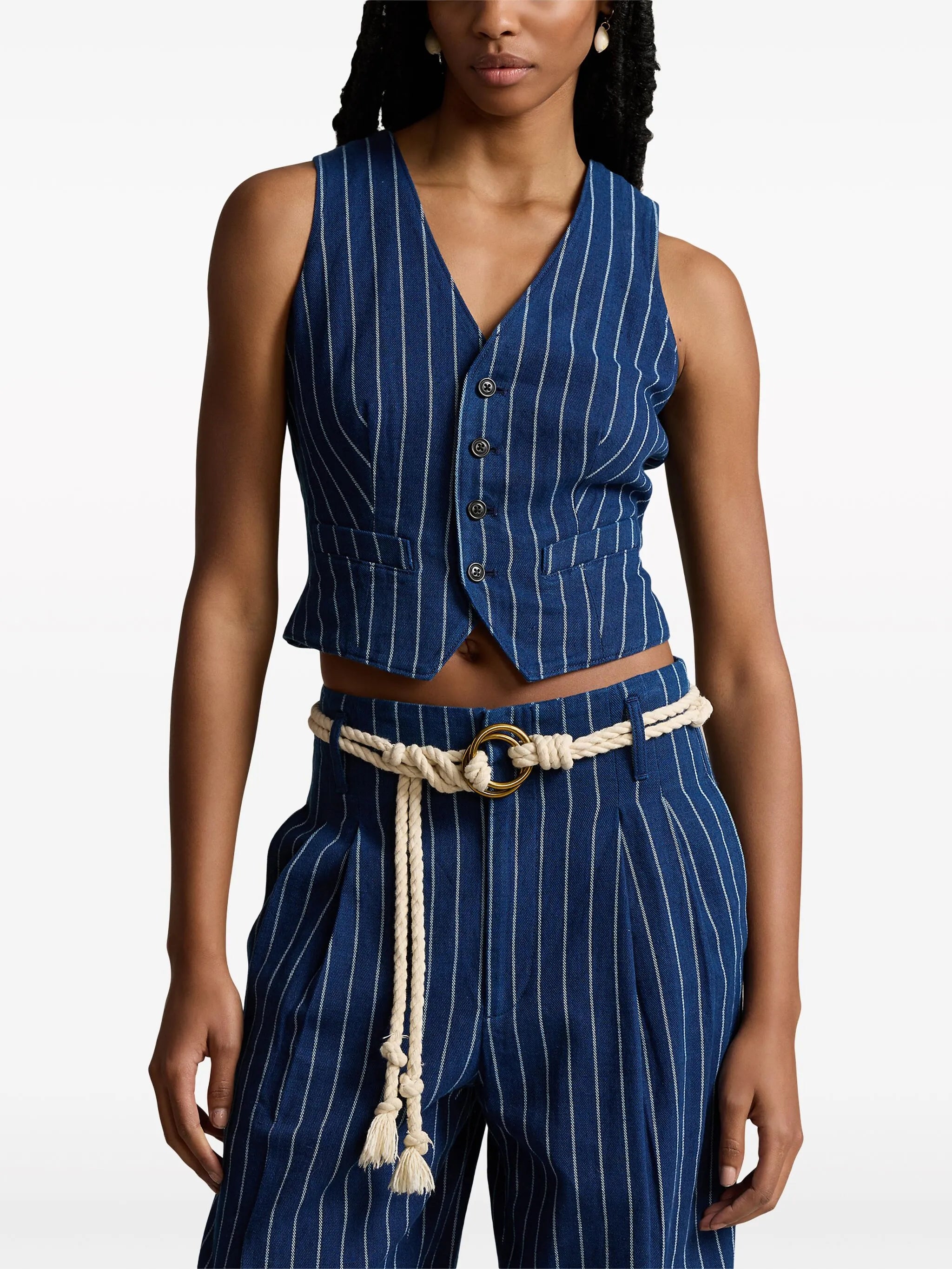 pinstripe denim waistcoat