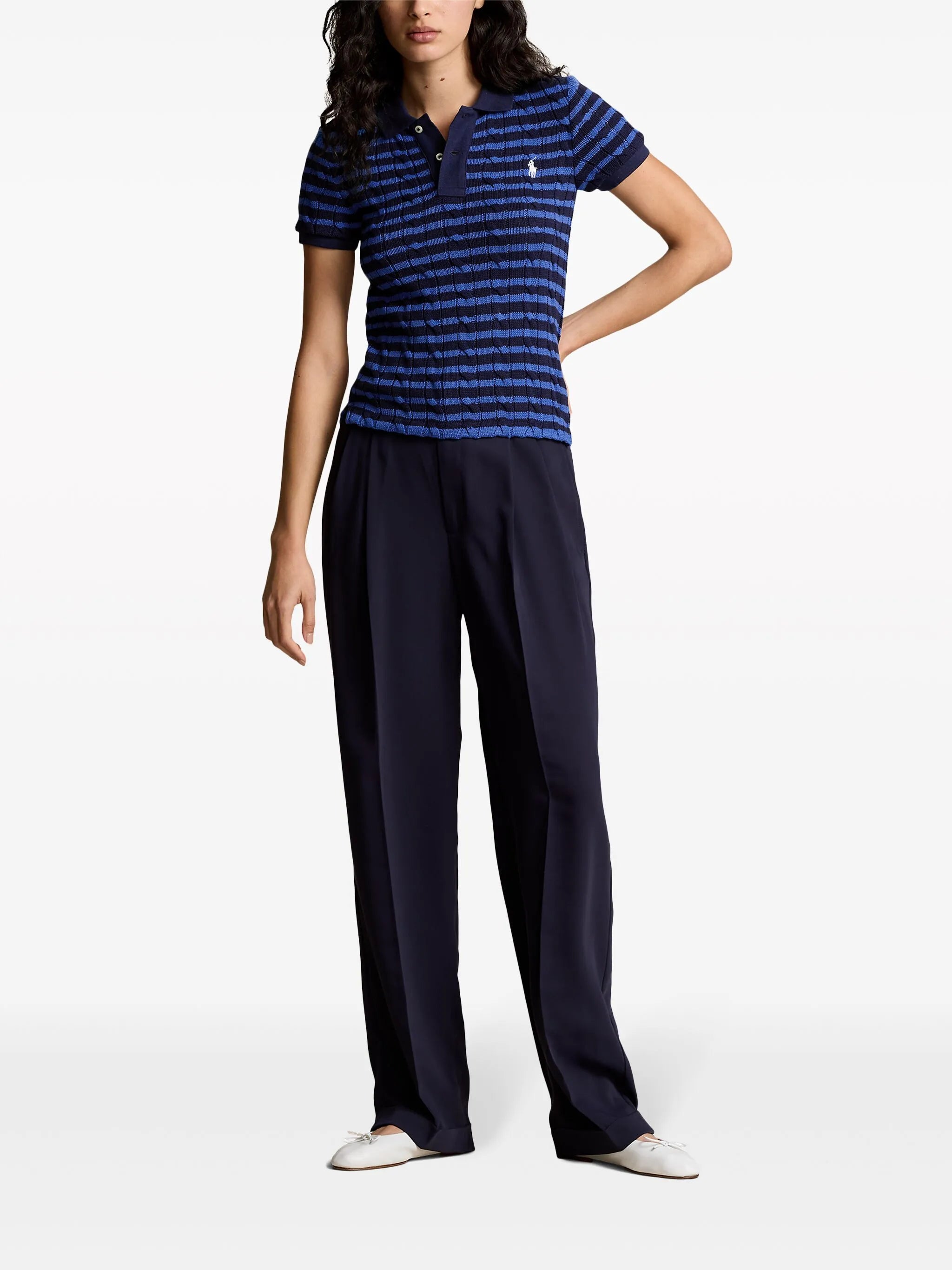 striped cable-knit polo shirt
