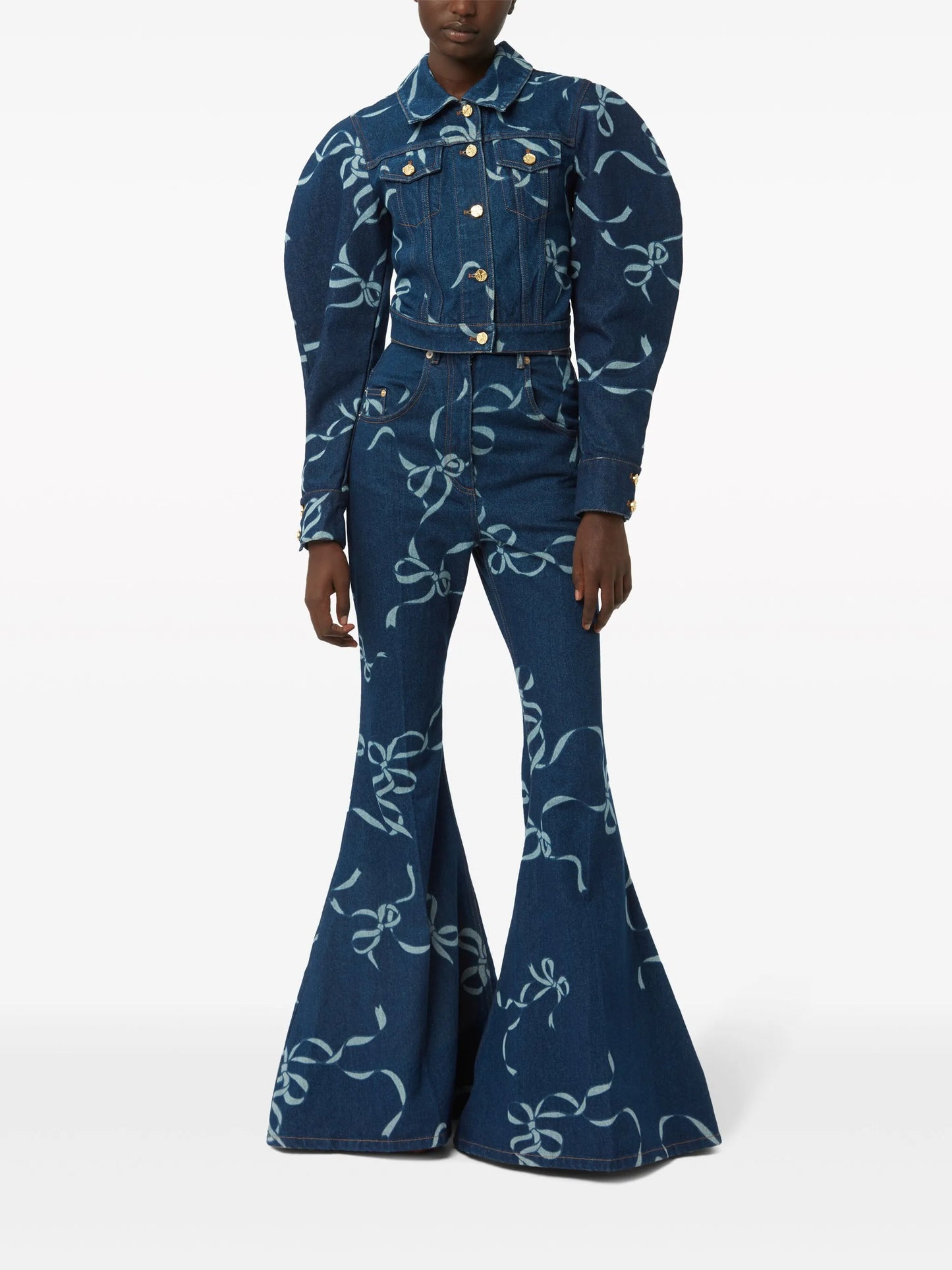 bow-print denim jacket