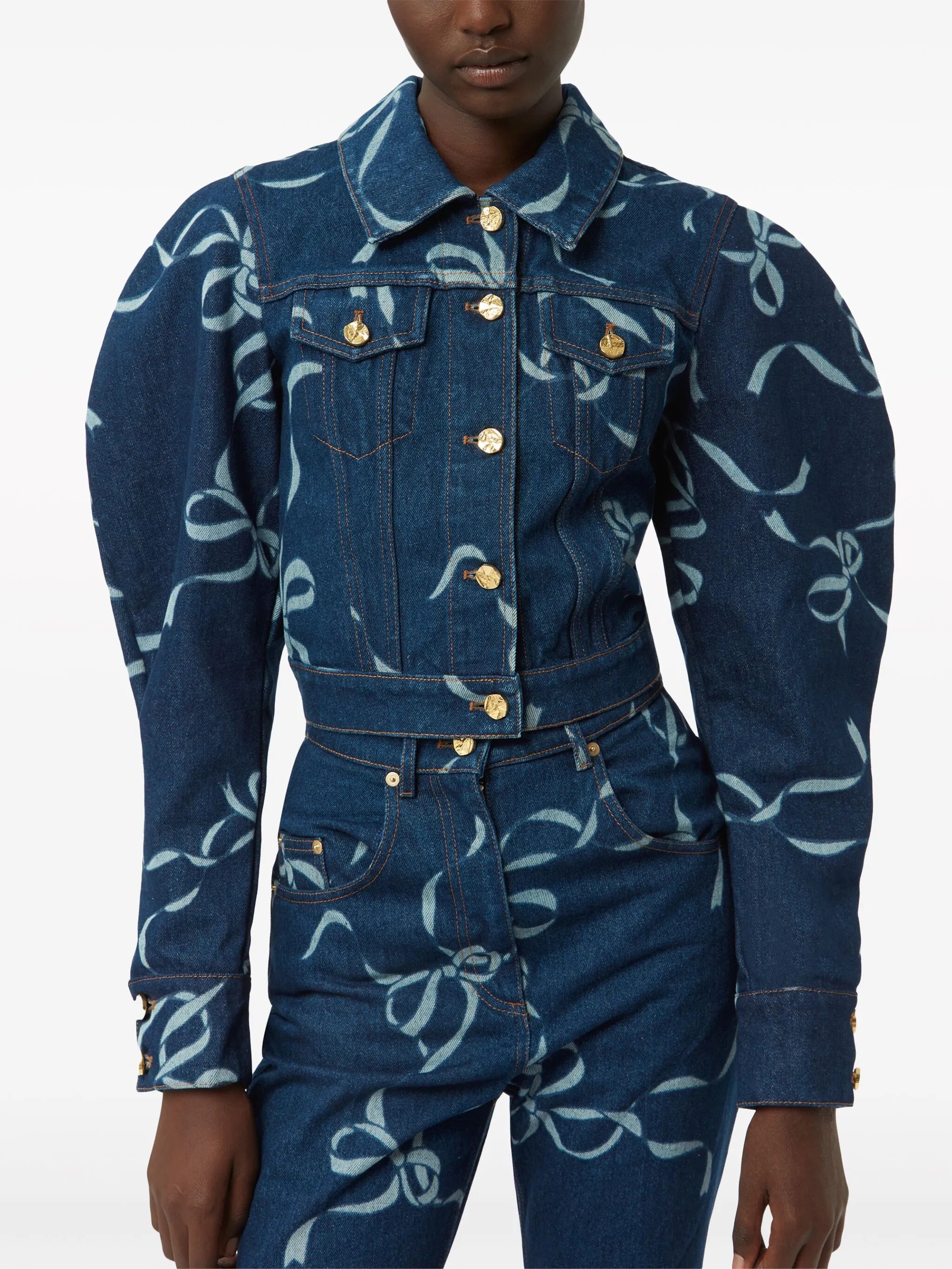 bow-print denim jacket