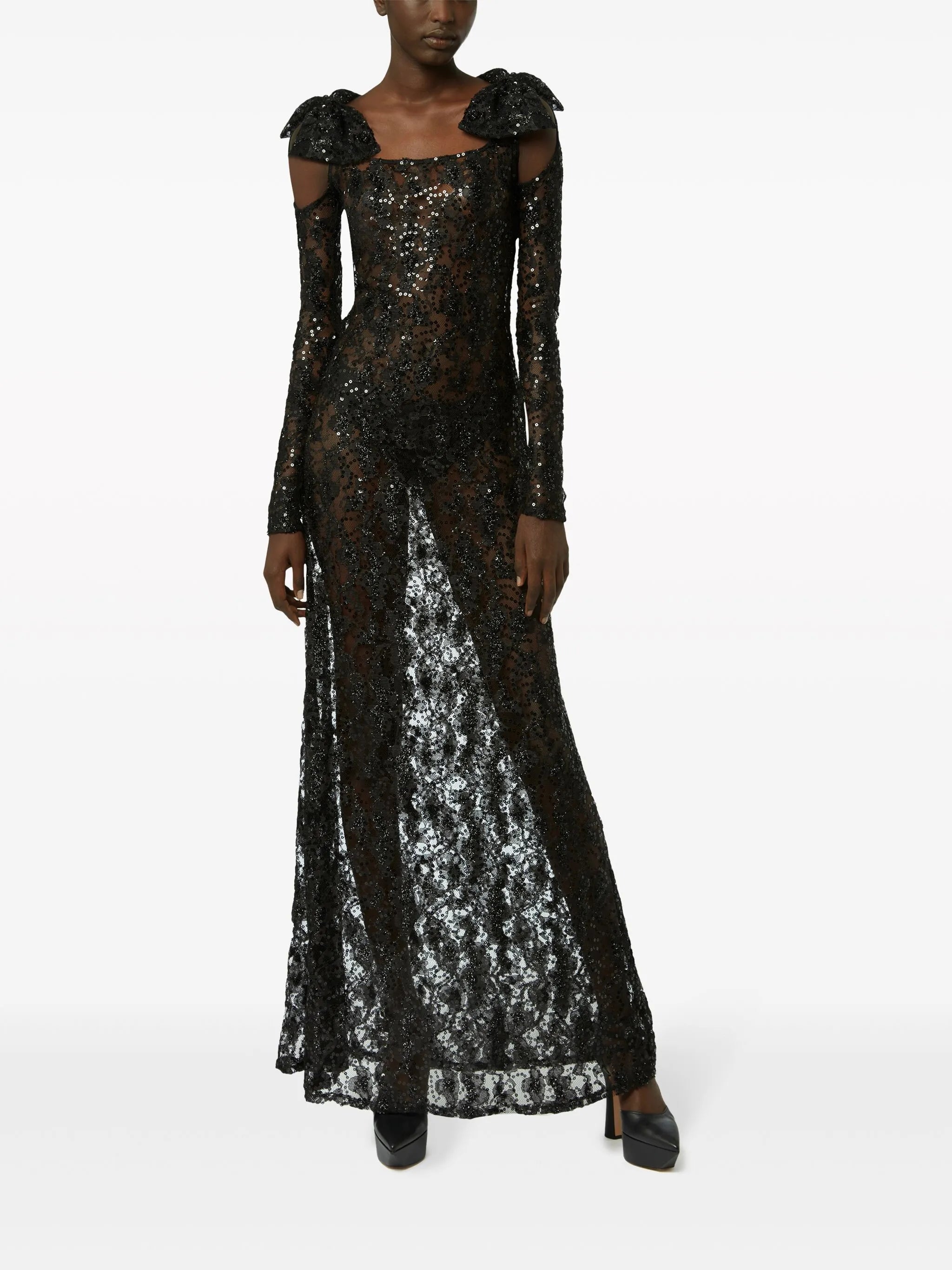bow-embellished sequinned lace gown