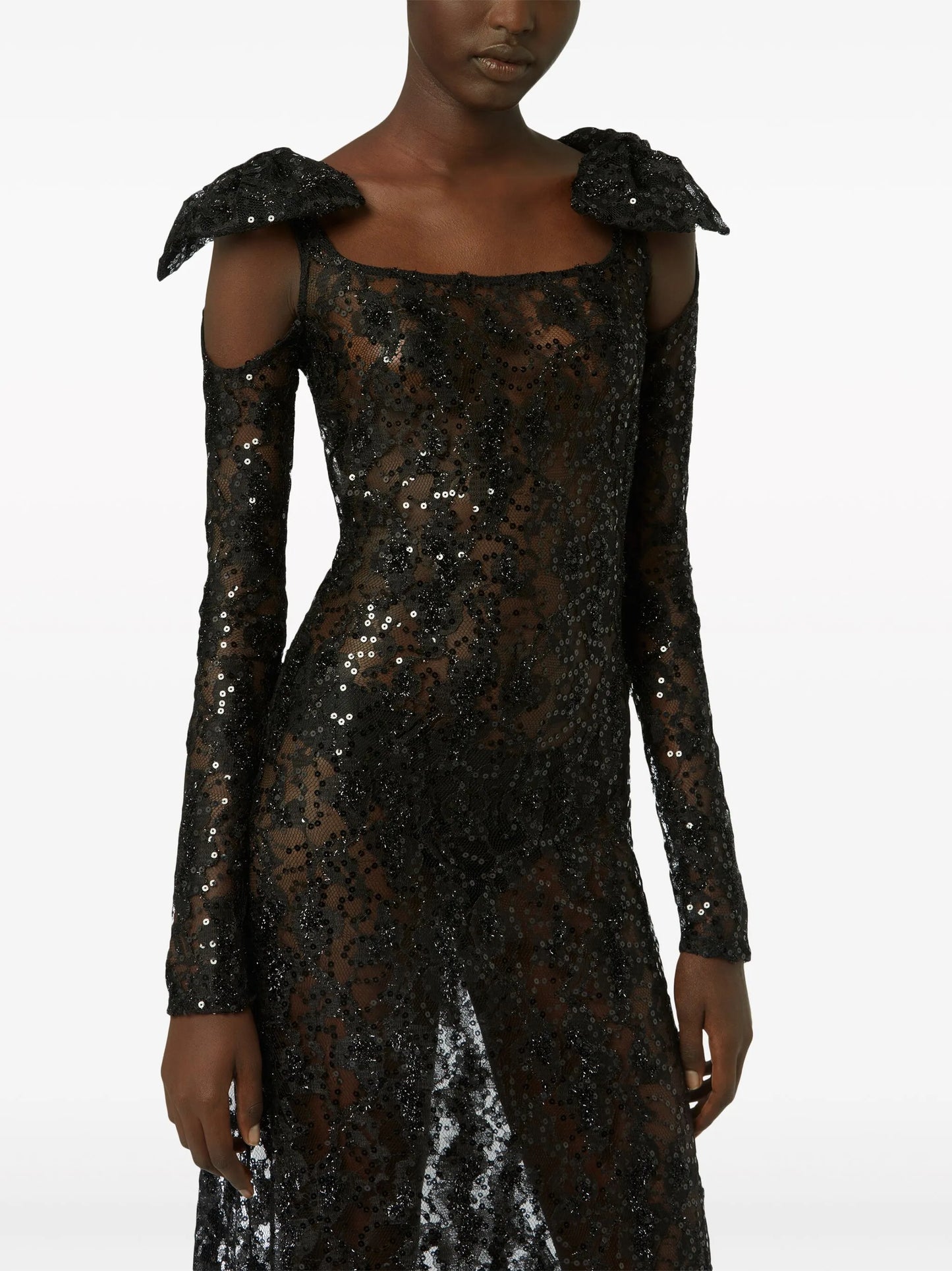 bow-embellished sequinned lace gown