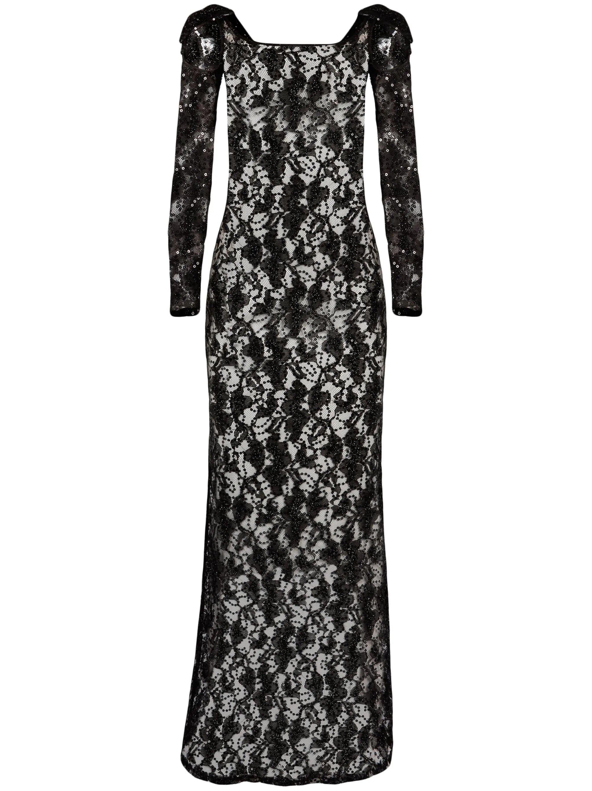 bow-embellished sequinned lace gown