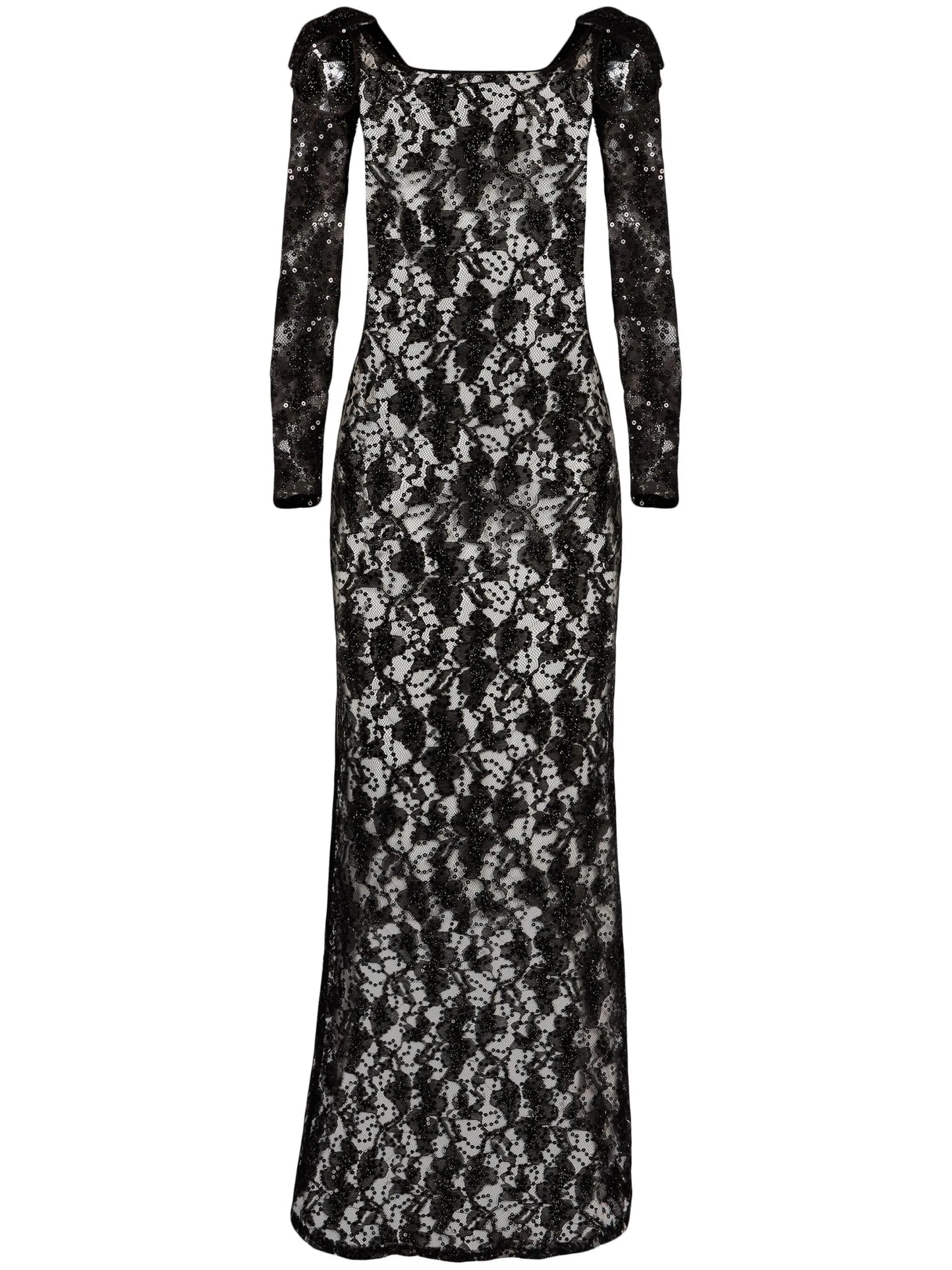 bow-embellished sequinned lace gown