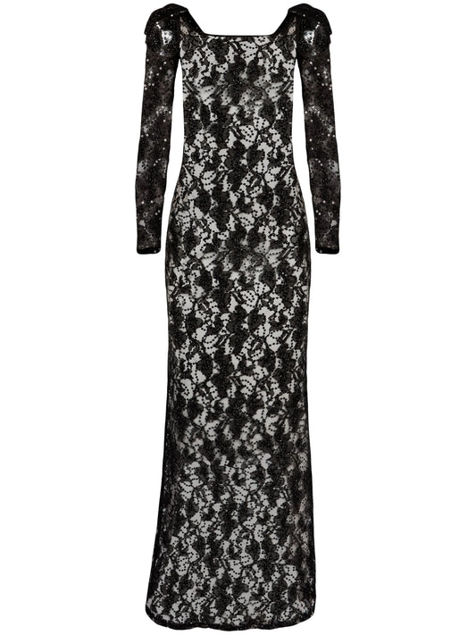 bow-embellished sequinned lace gown
