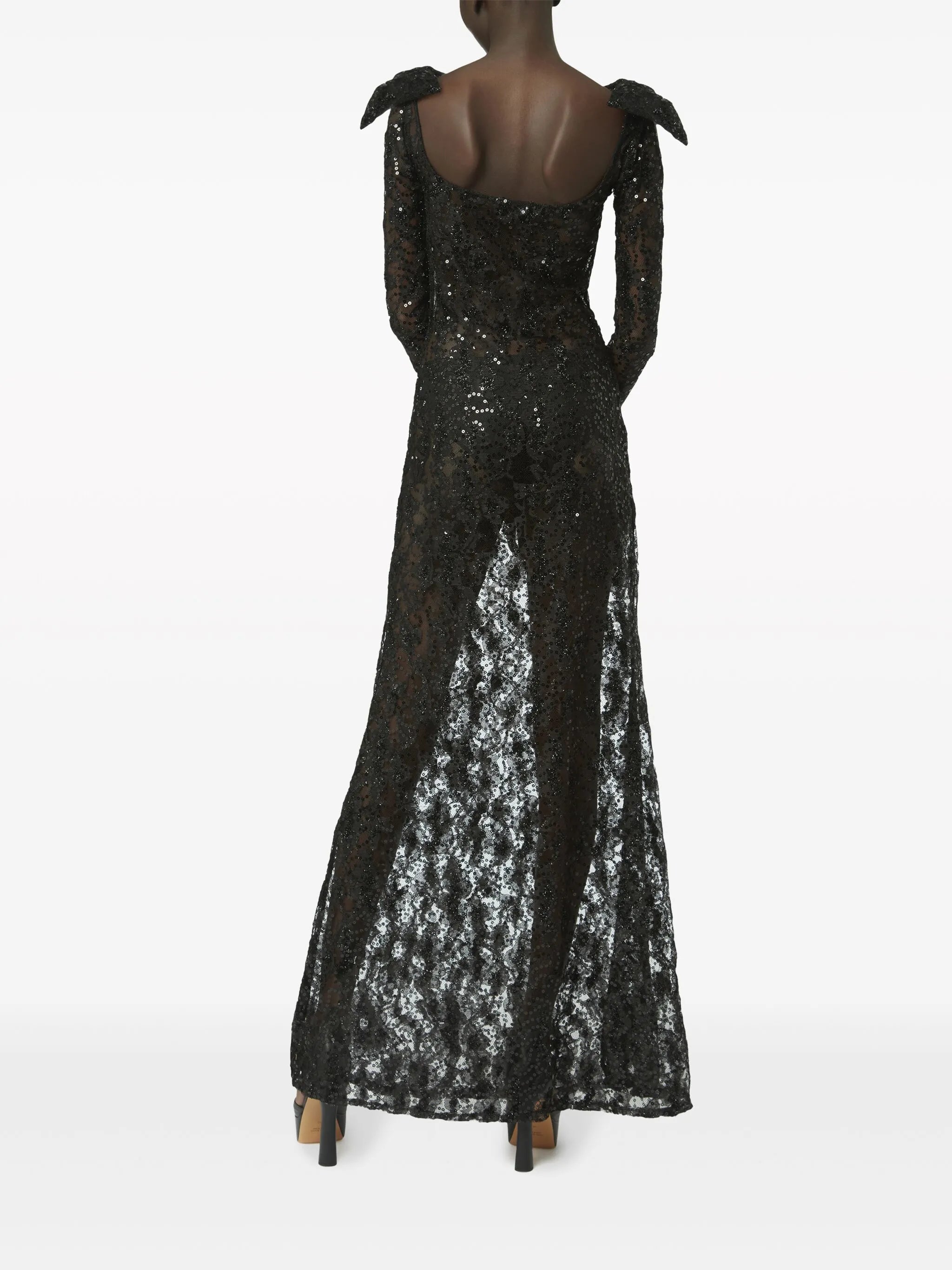 bow-embellished sequinned lace gown