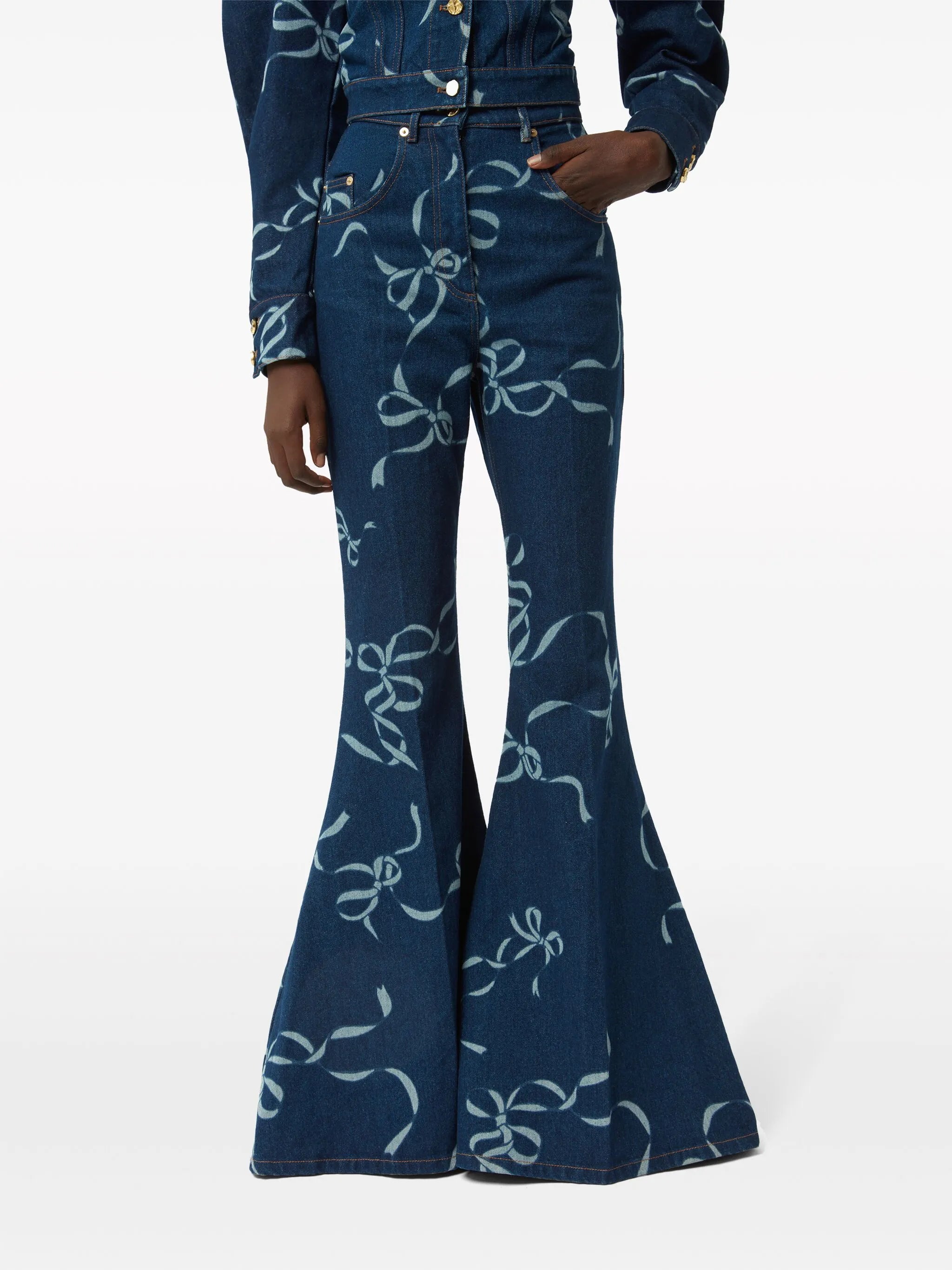graphic-print long-length flared trousers