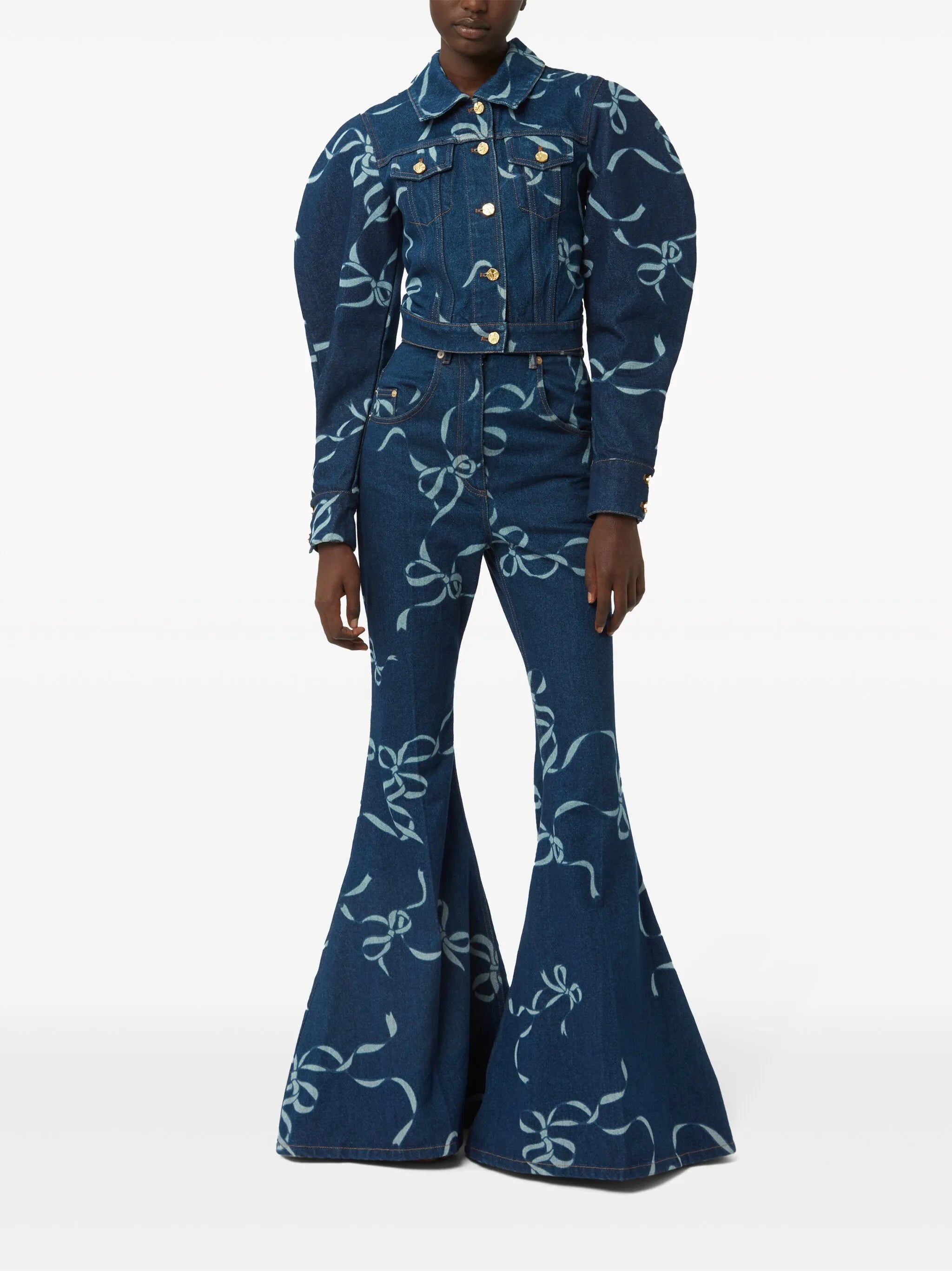 graphic-print long-length flared trousers