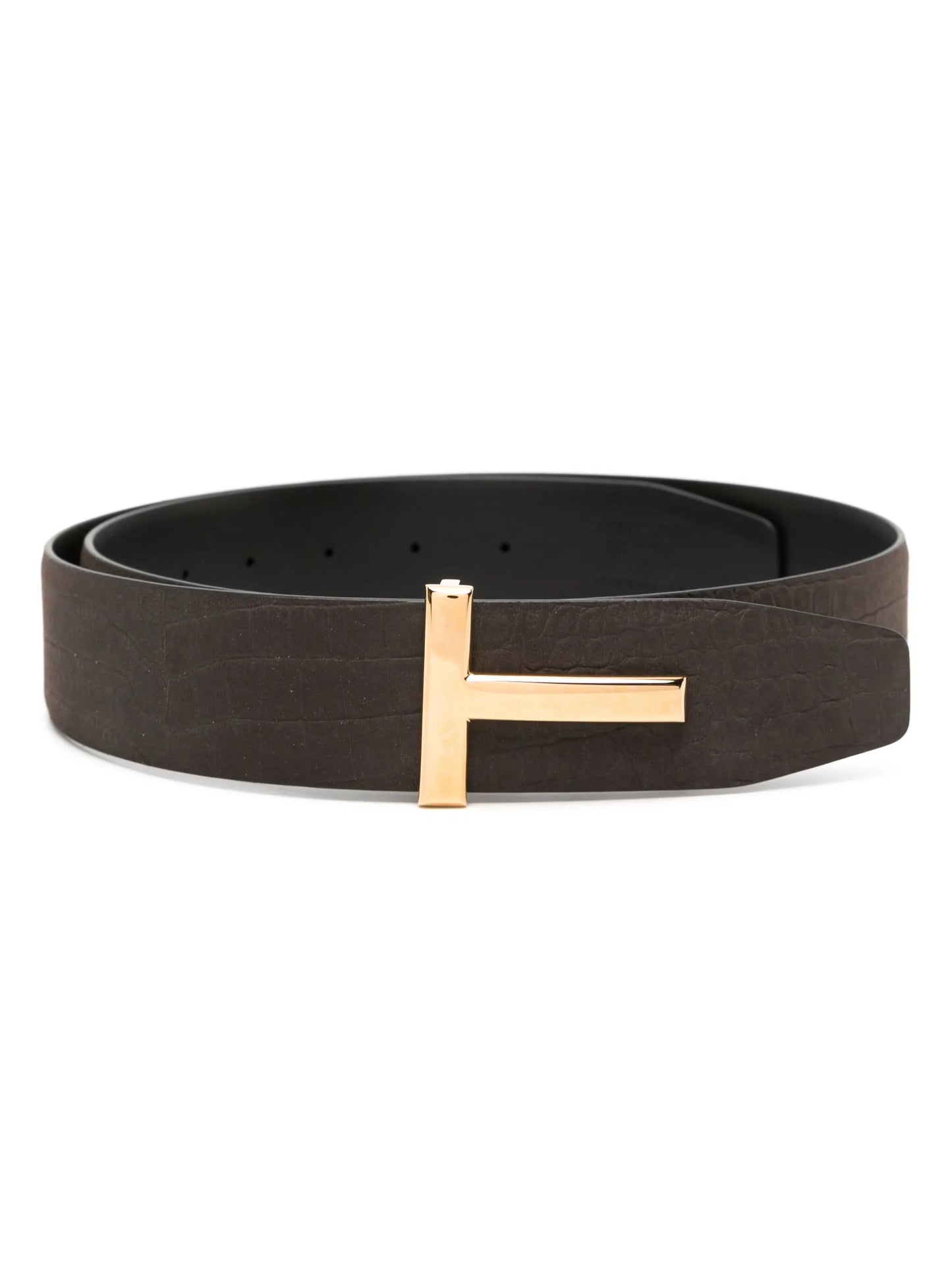 T-buckle crocodile-embossed leather belt