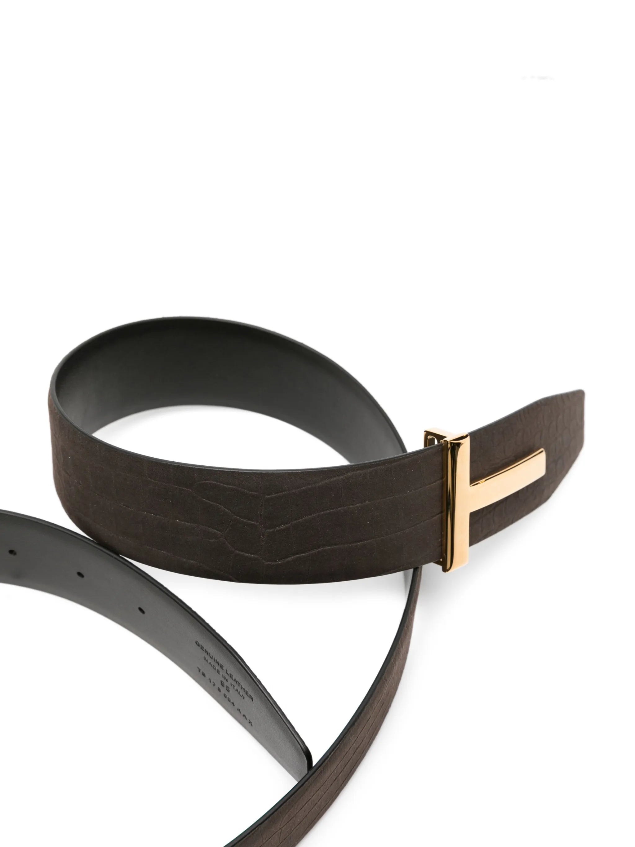 T-buckle crocodile-embossed leather belt