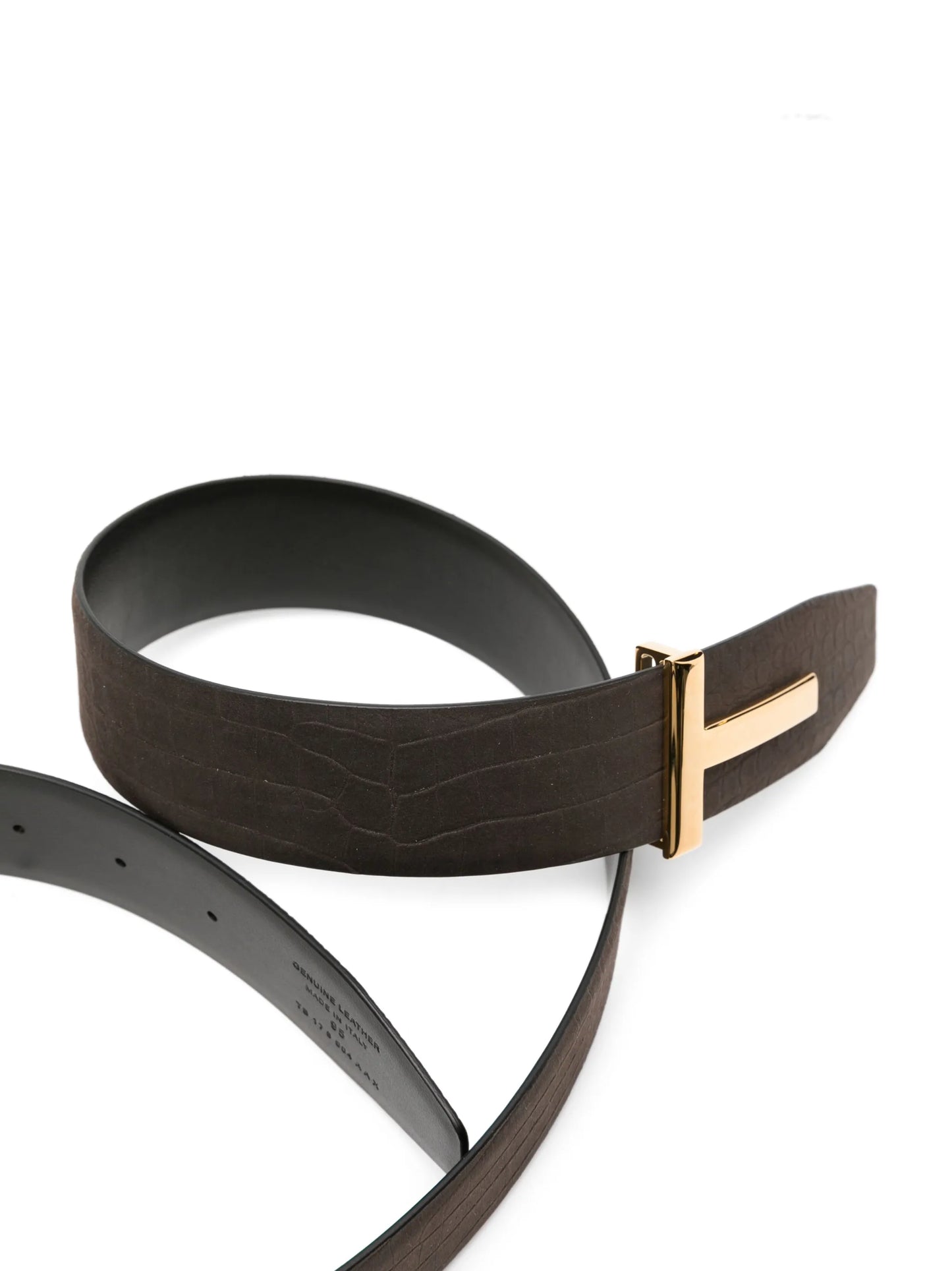 T-buckle crocodile-embossed leather belt