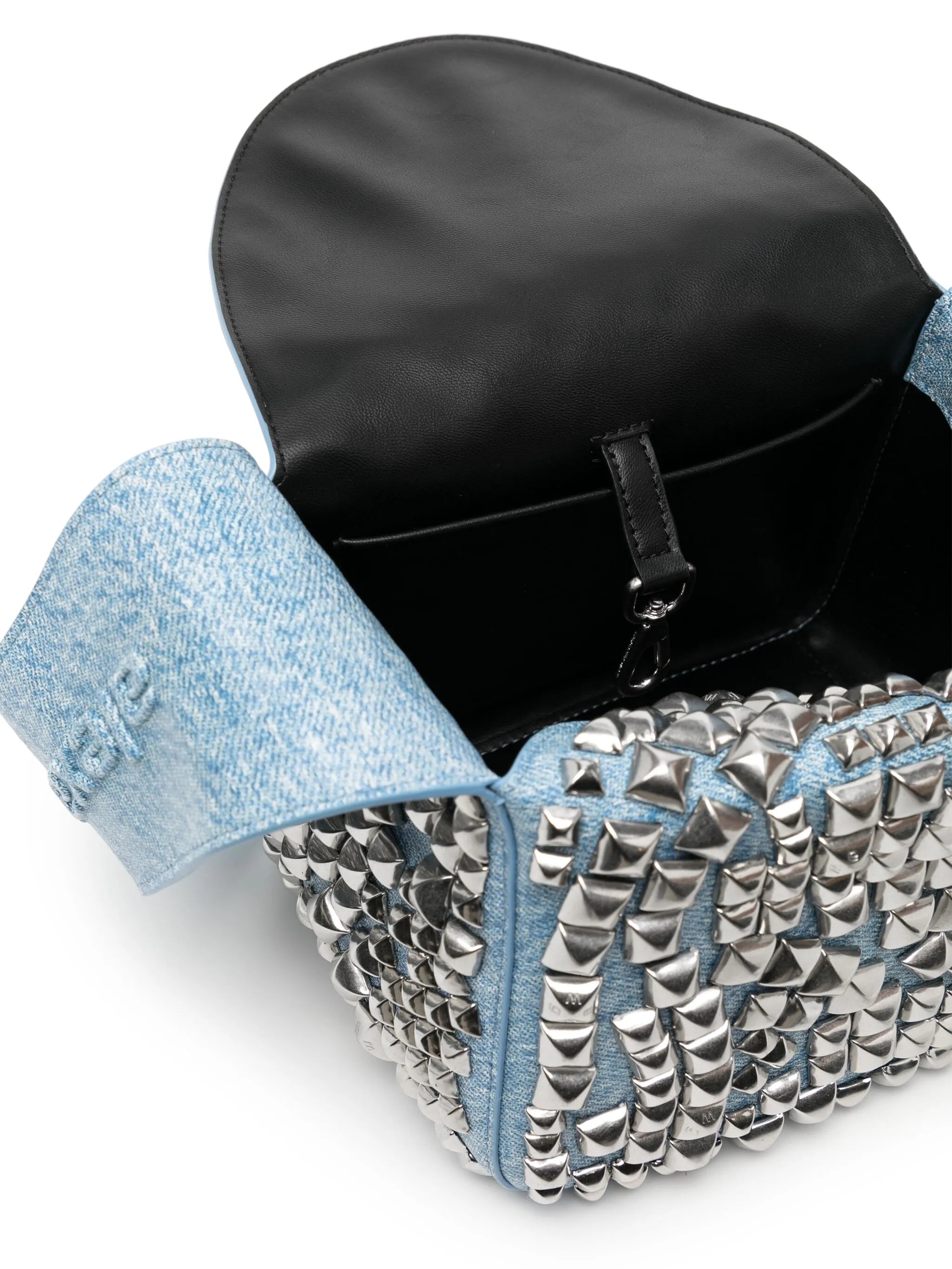 pyramid-studded denim-effect flap shoulder bag