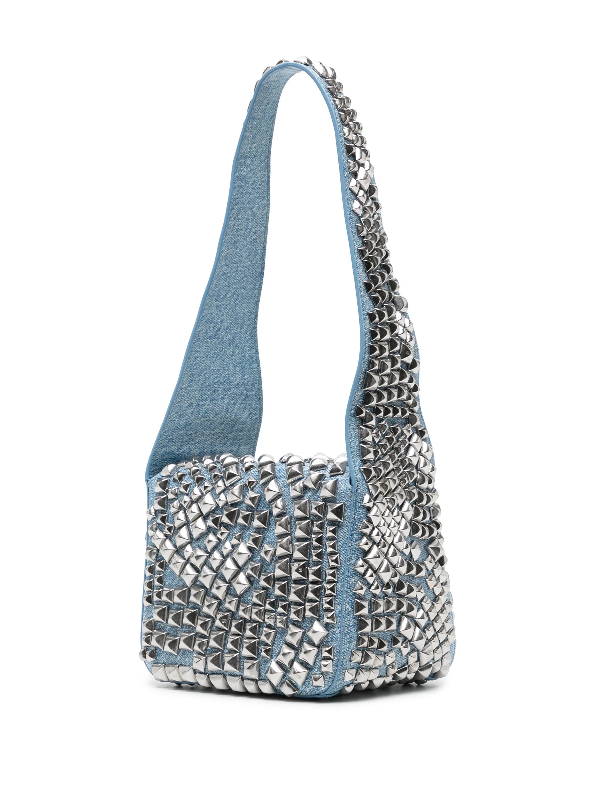 pyramid-studded denim-effect flap shoulder bag