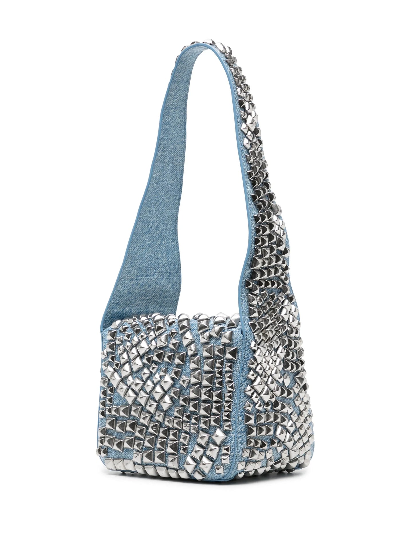 pyramid-studded denim-effect flap shoulder bag