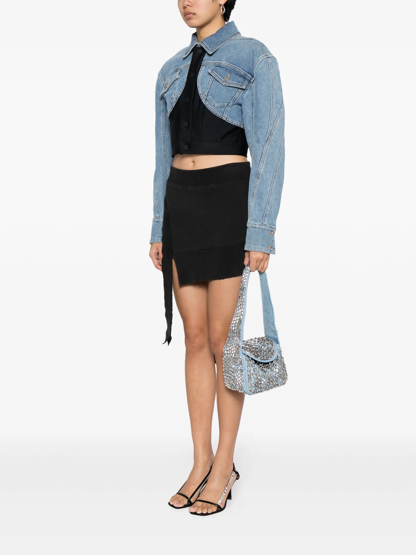 pyramid-studded denim-effect flap shoulder bag