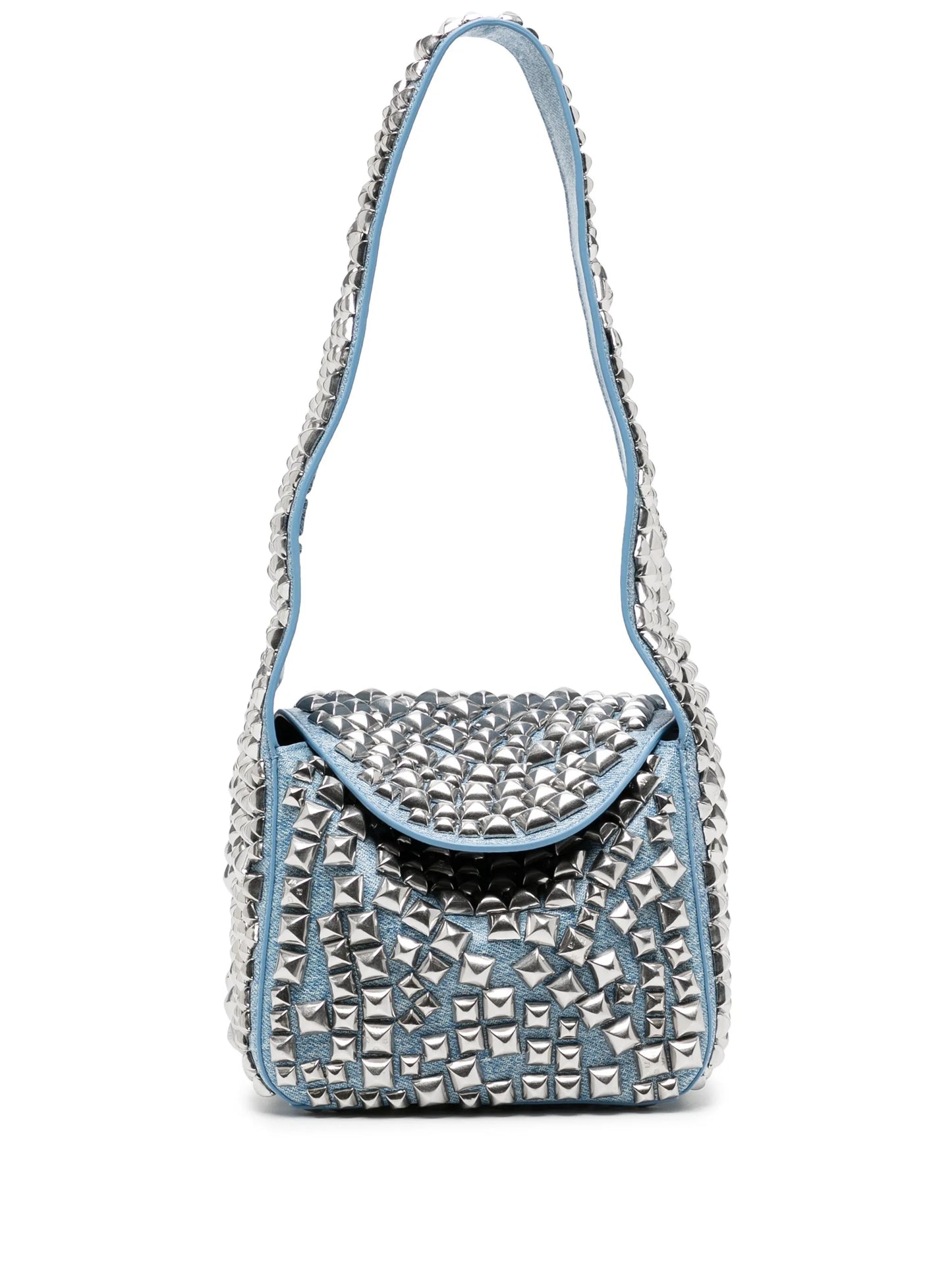 pyramid-studded denim-effect flap shoulder bag