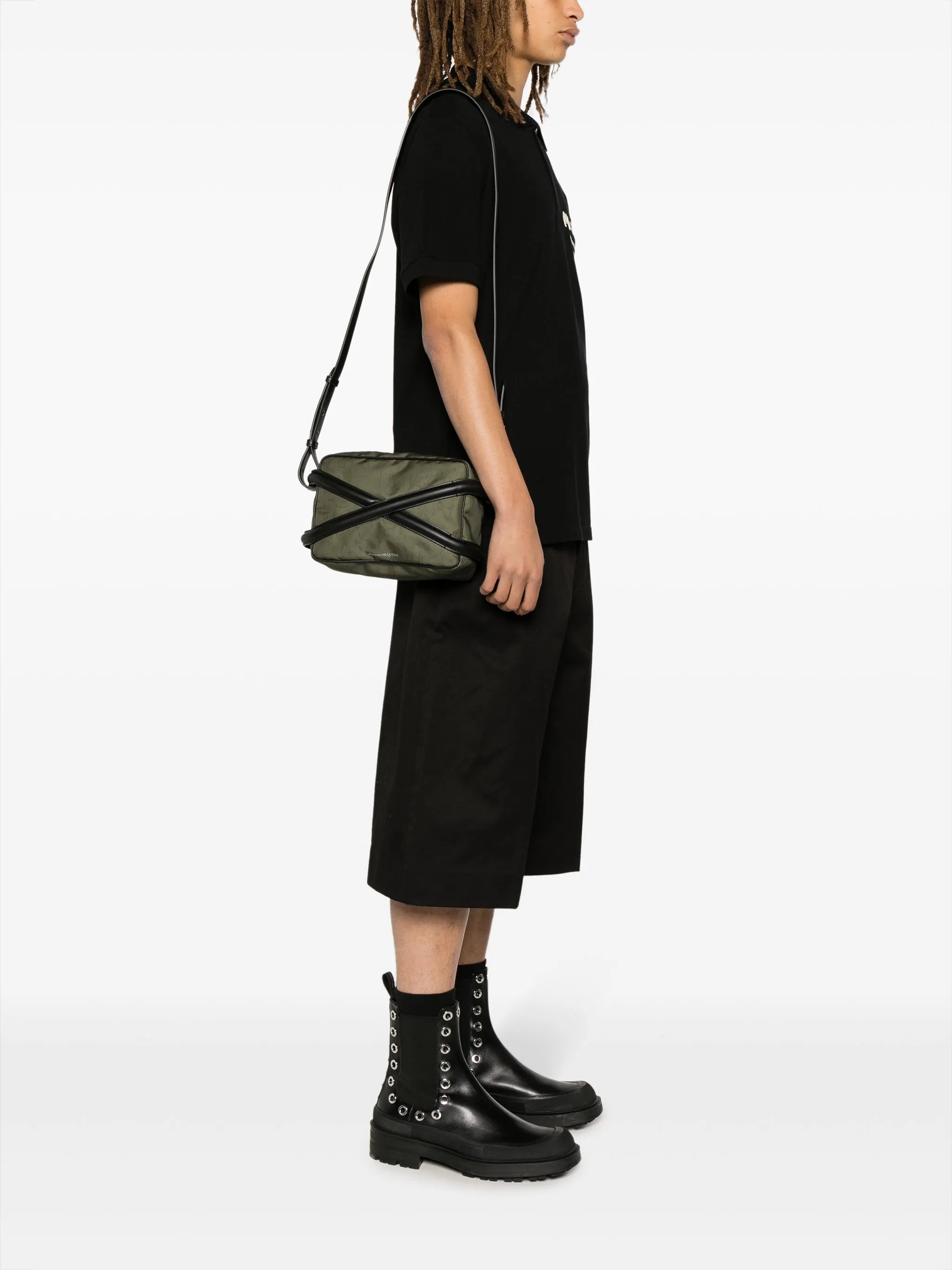 panelled-leather gabardine bag