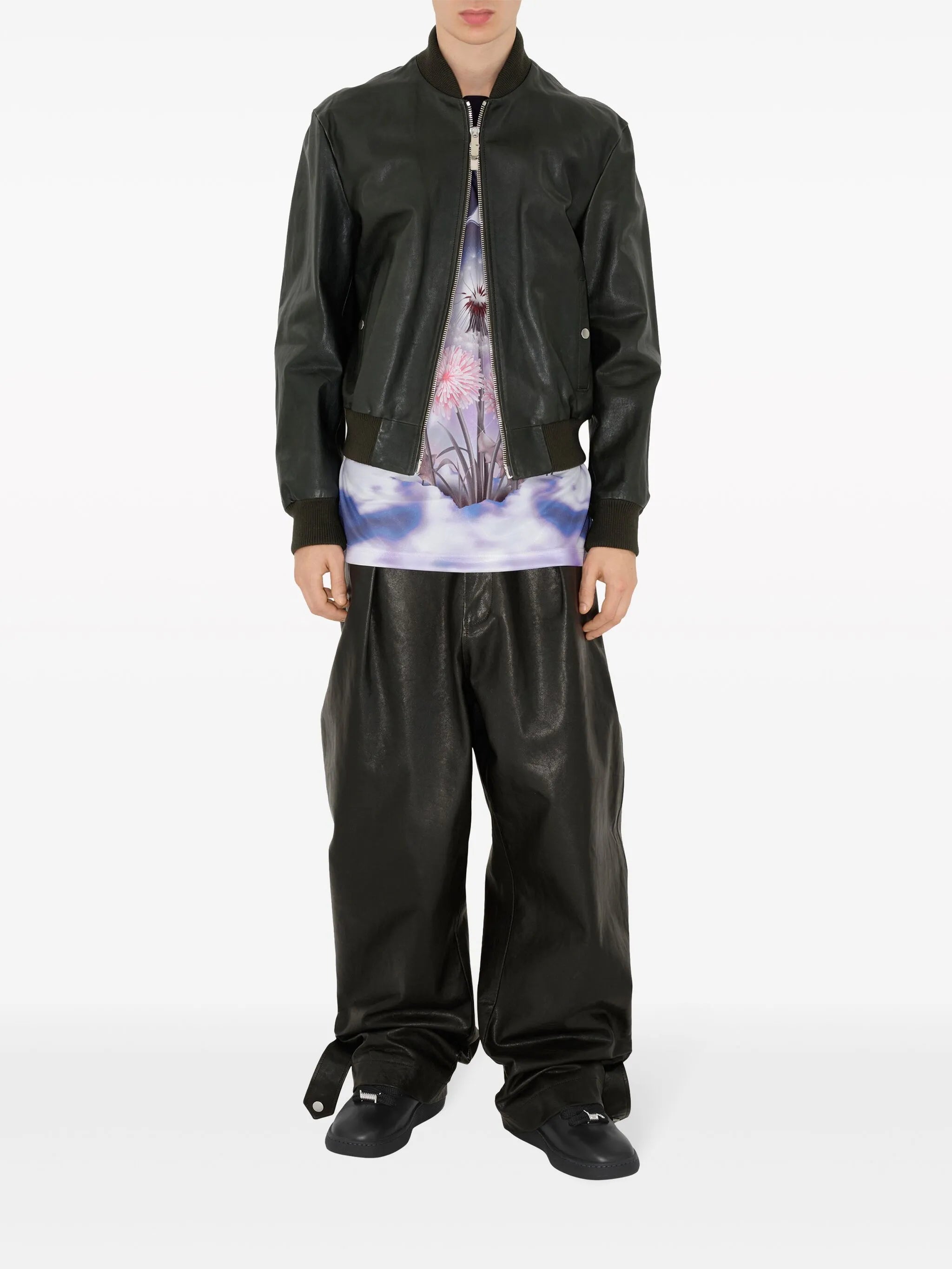 zipped leather bomber jacket