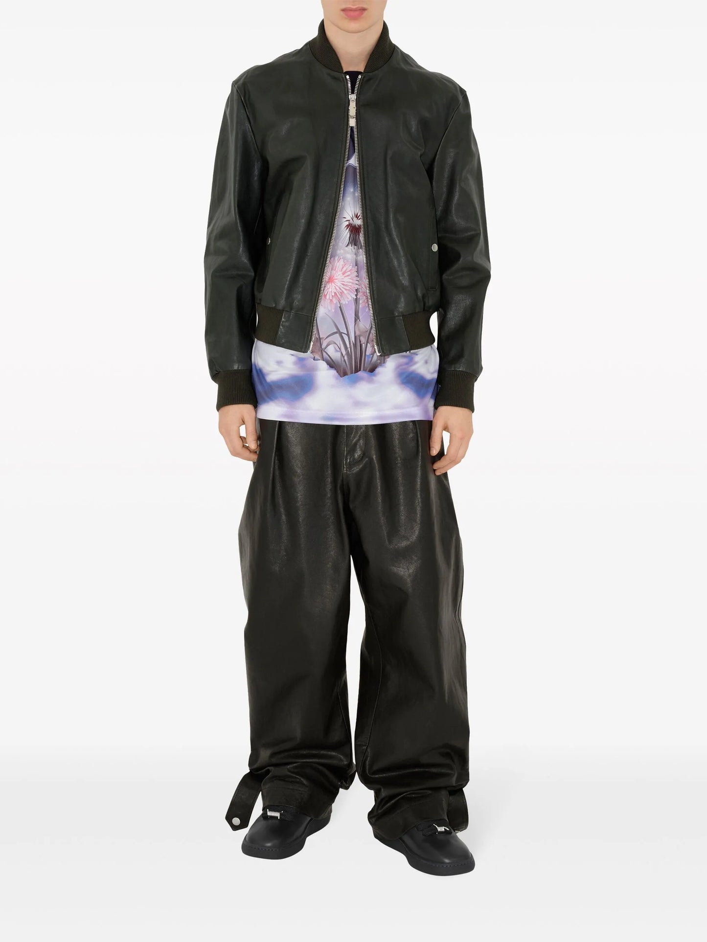 zipped leather bomber jacket