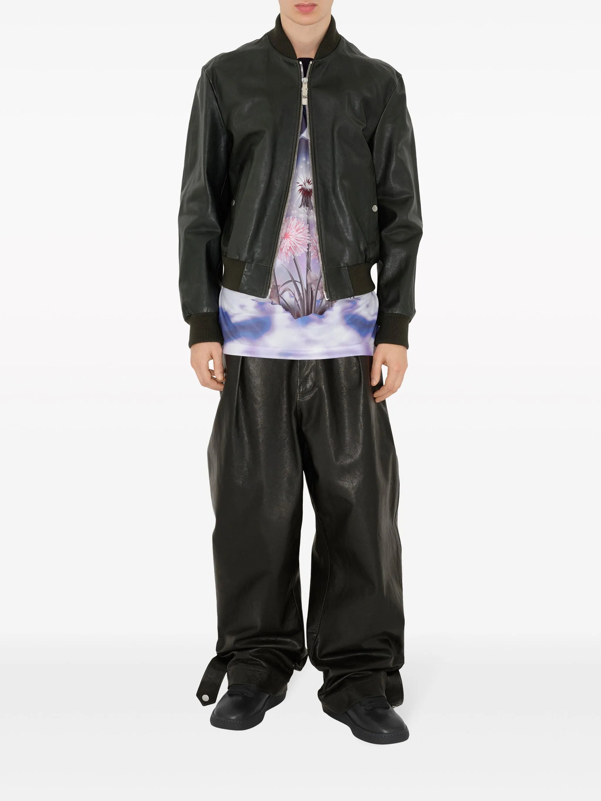 zipped leather bomber jacket