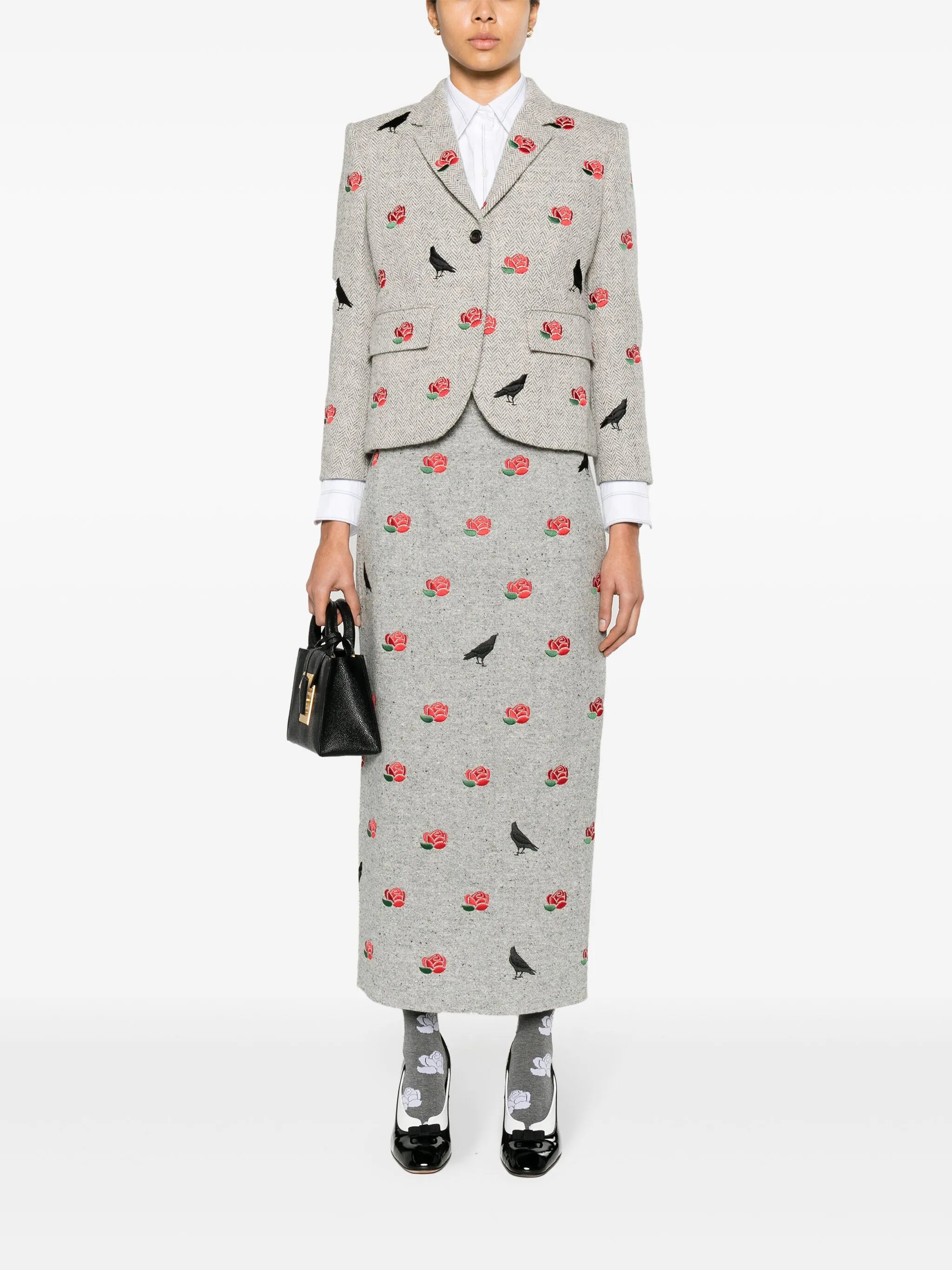 rose-embroidered herringbone blazer