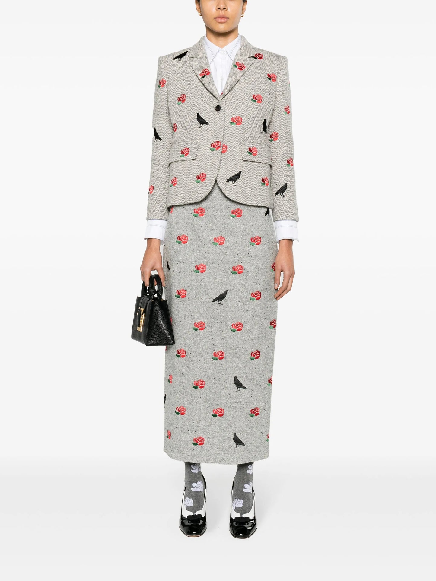 rose-embroidered herringbone blazer