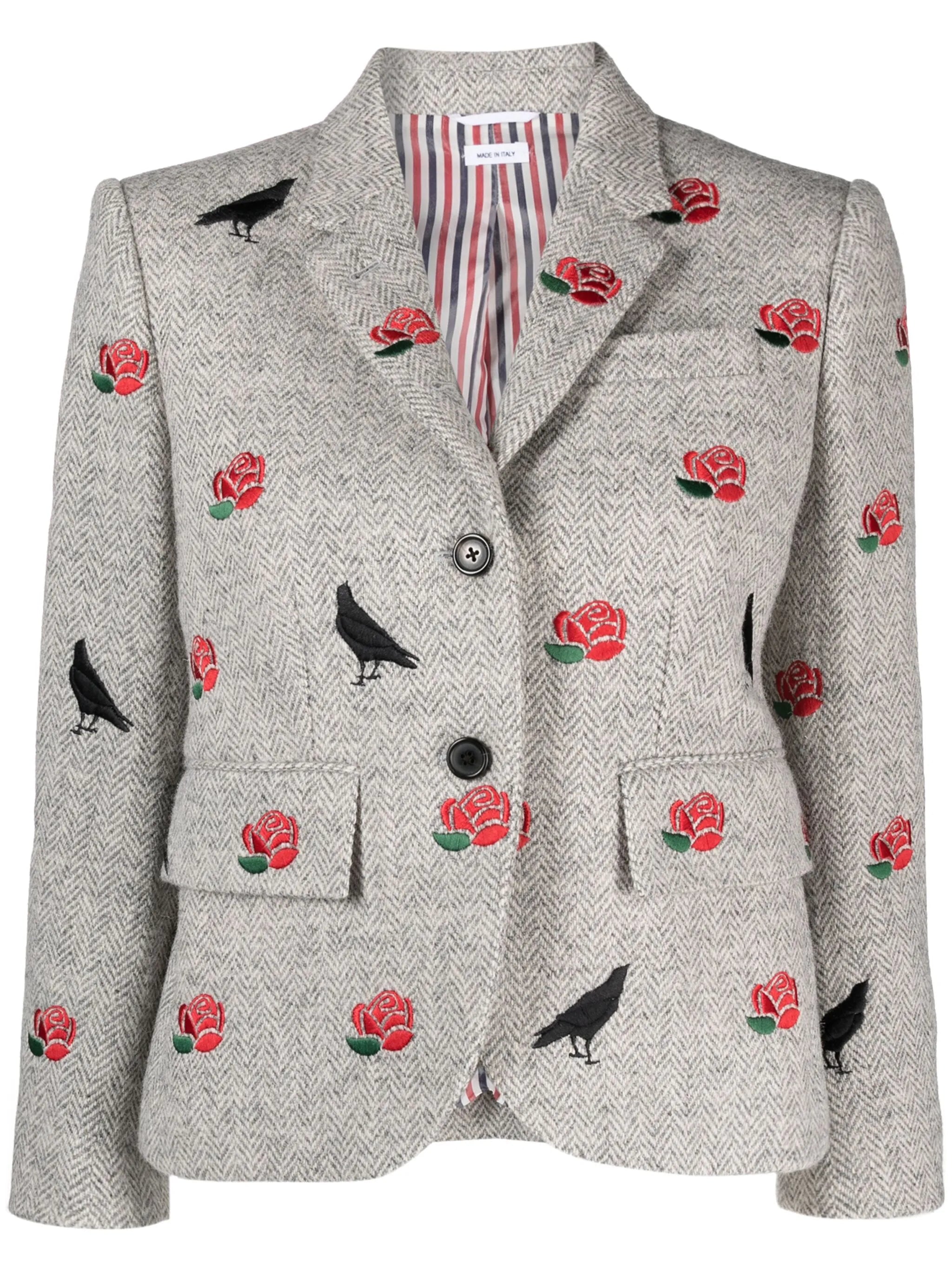 rose-embroidered herringbone blazer