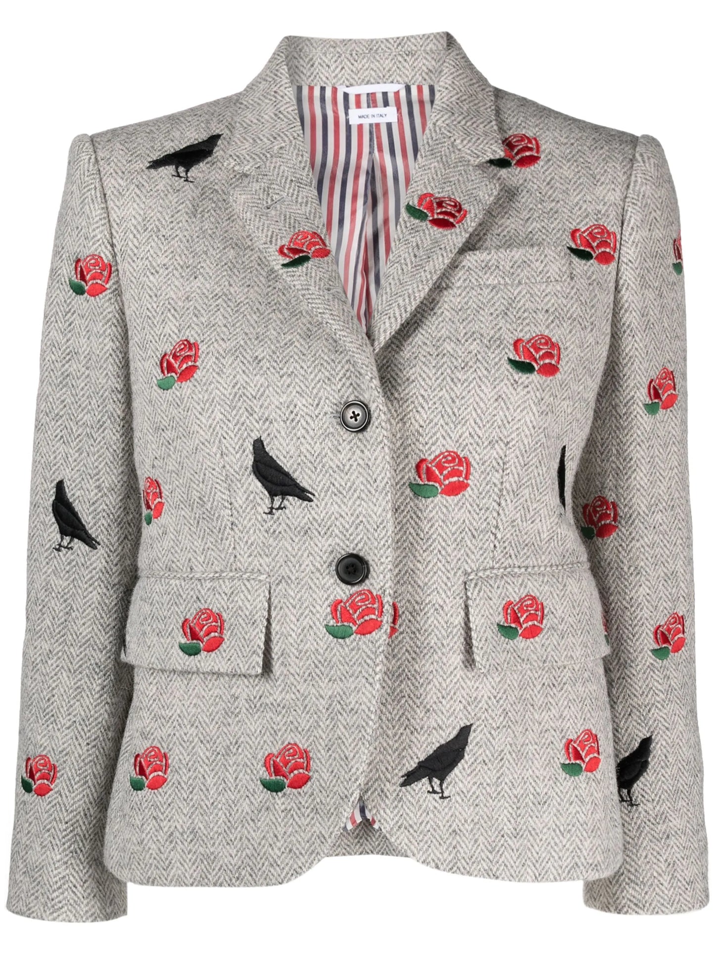 rose-embroidered herringbone blazer