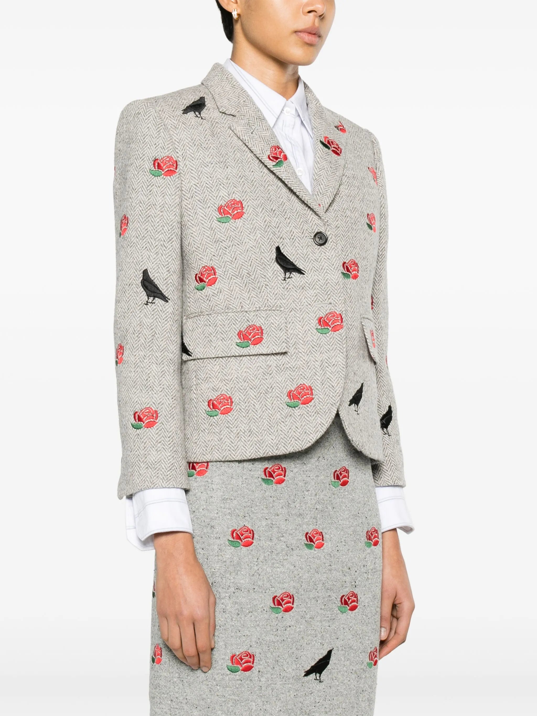 rose-embroidered herringbone blazer