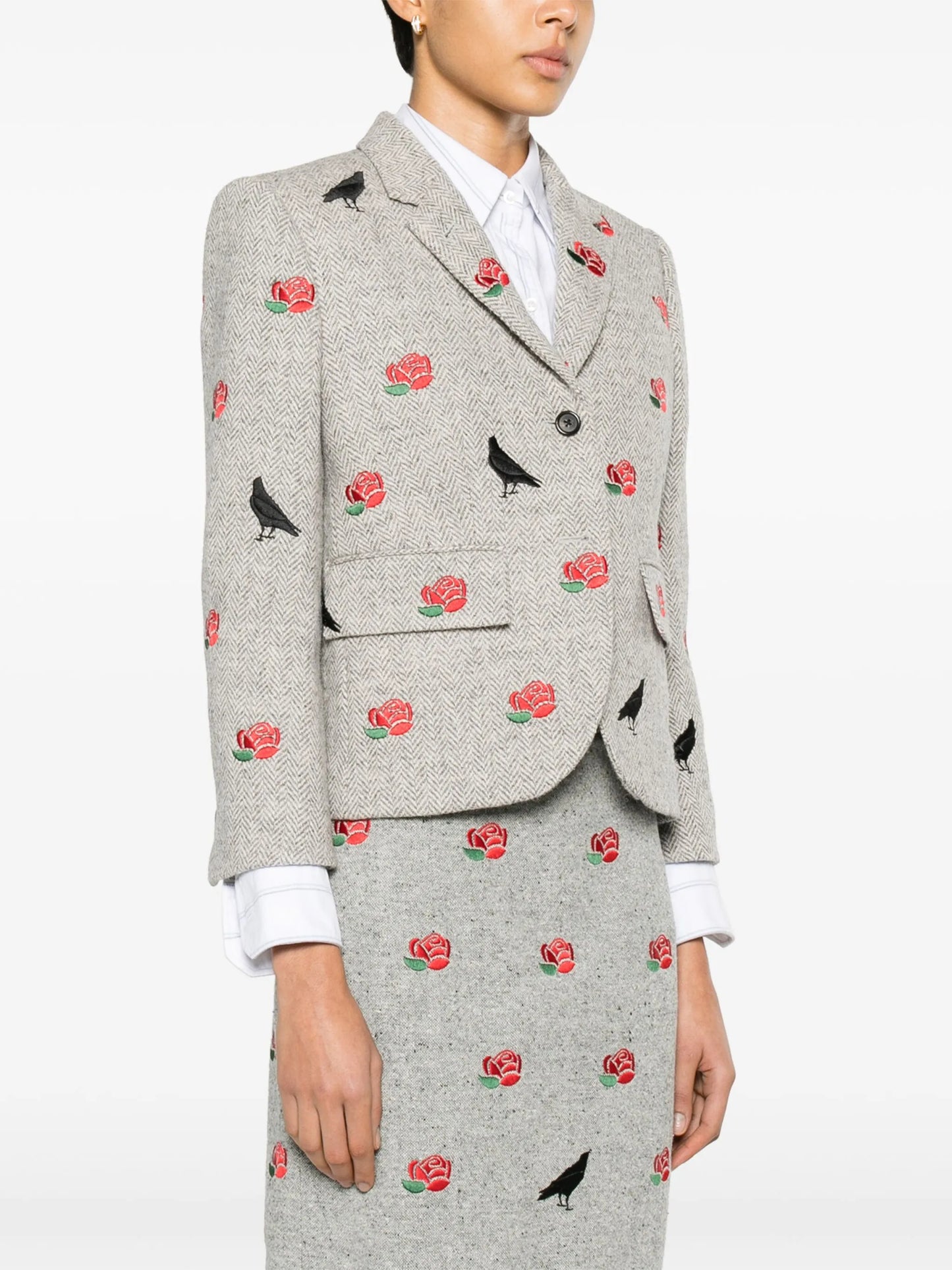 rose-embroidered herringbone blazer