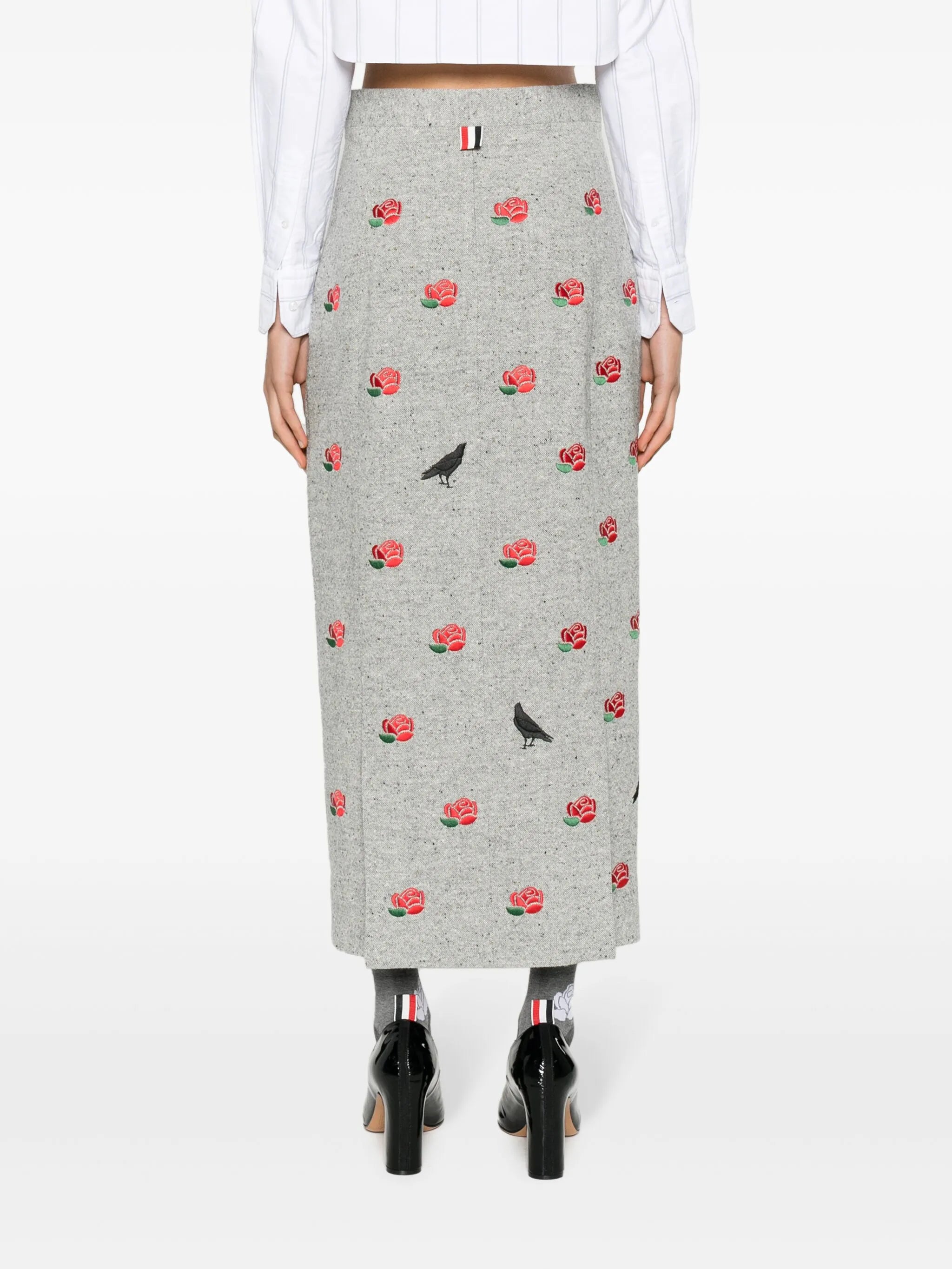 rose-embroidered wool pencil skirt