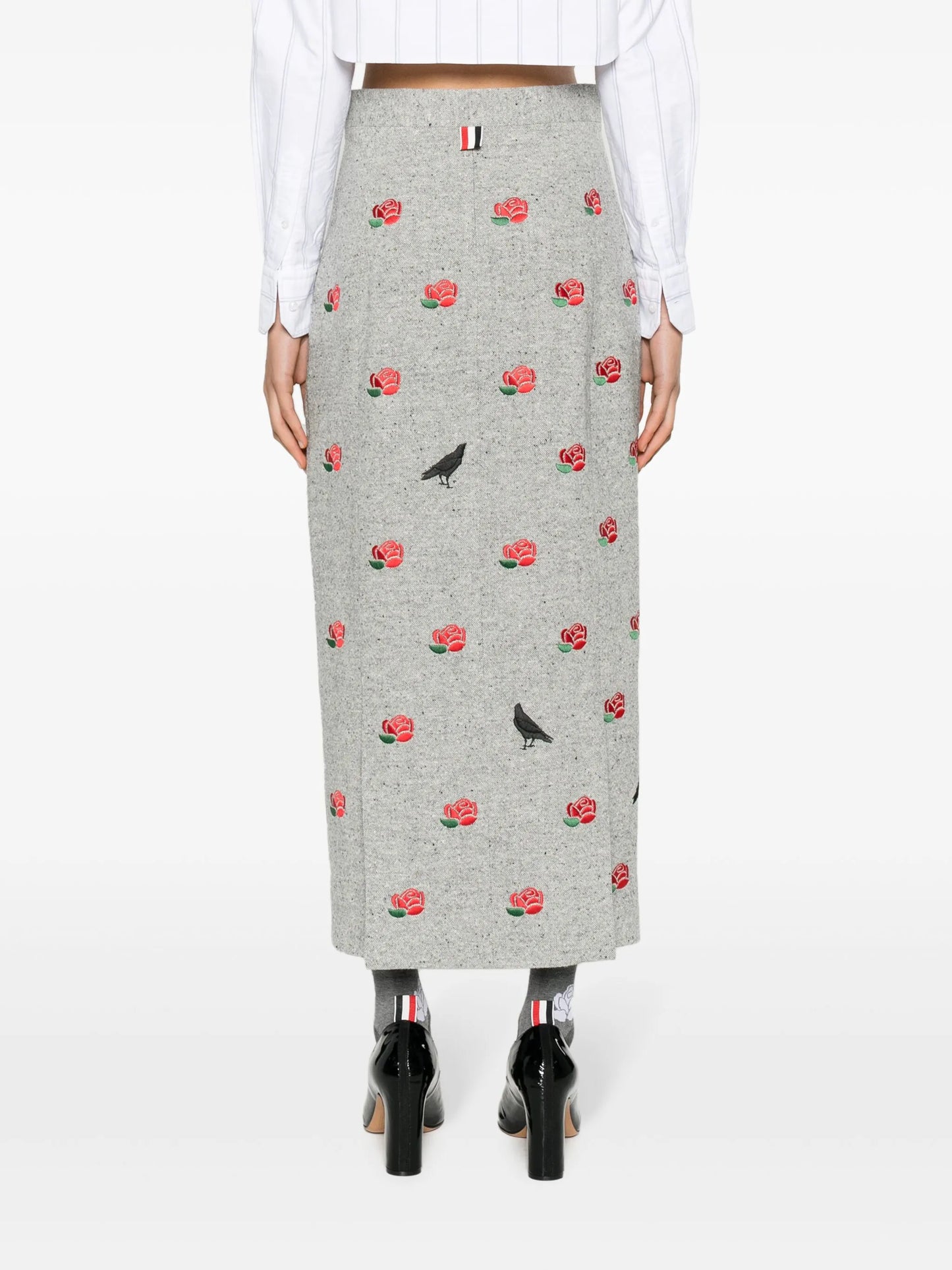 rose-embroidered wool pencil skirt