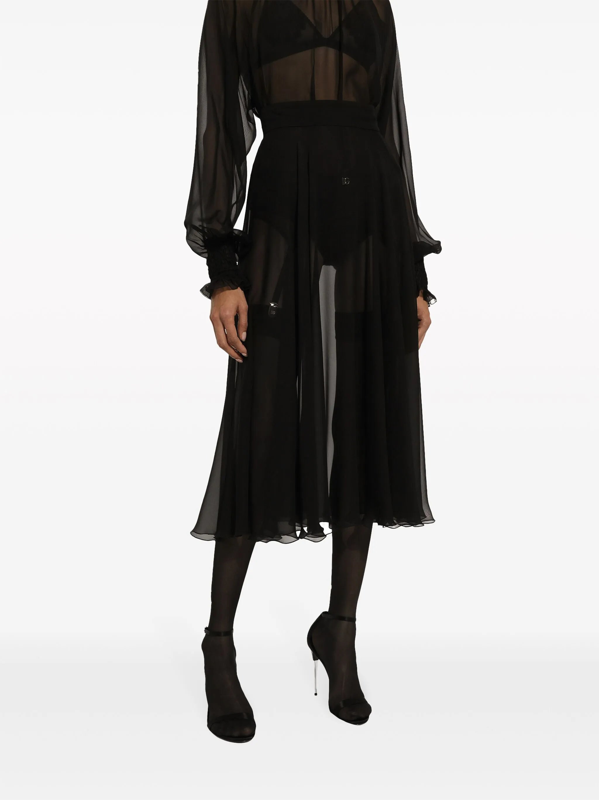 silk chiffon pleated midi skirt