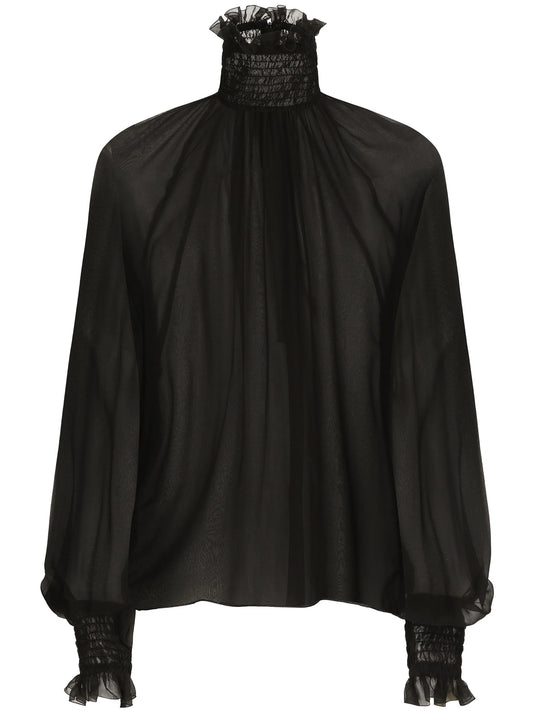 high-neck sheer silk blouse