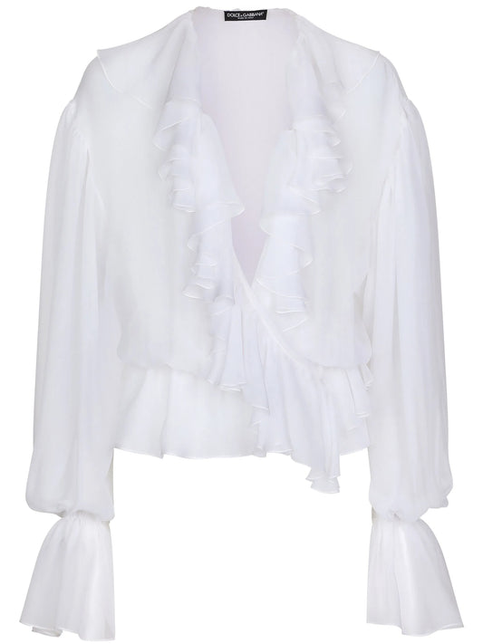 ruffled-trim silk cropped blouse