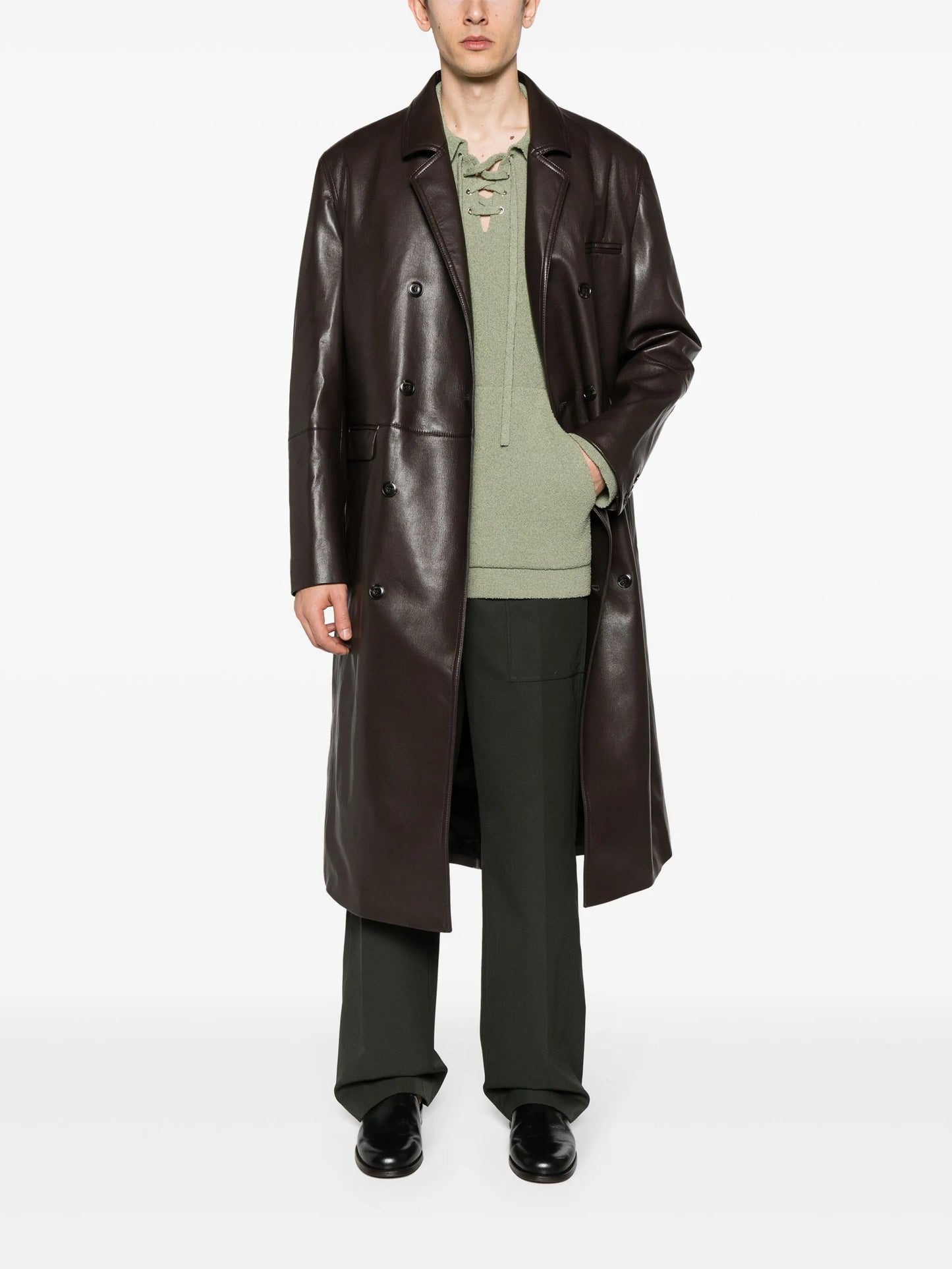 faux-leather double-breasted coat