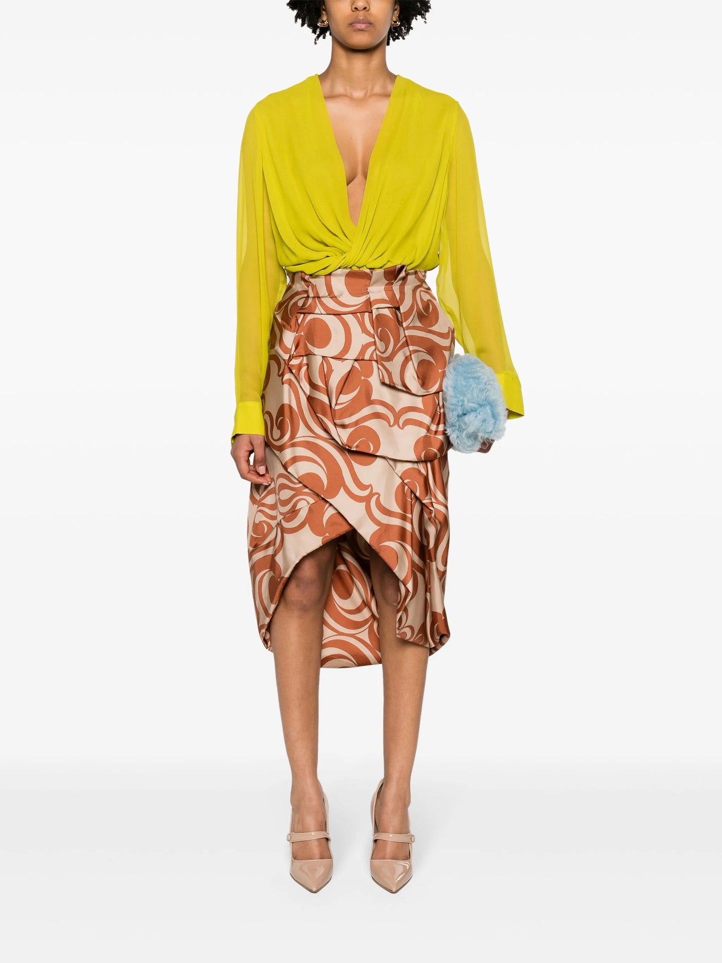 geometric-pattern draped silk skirt
