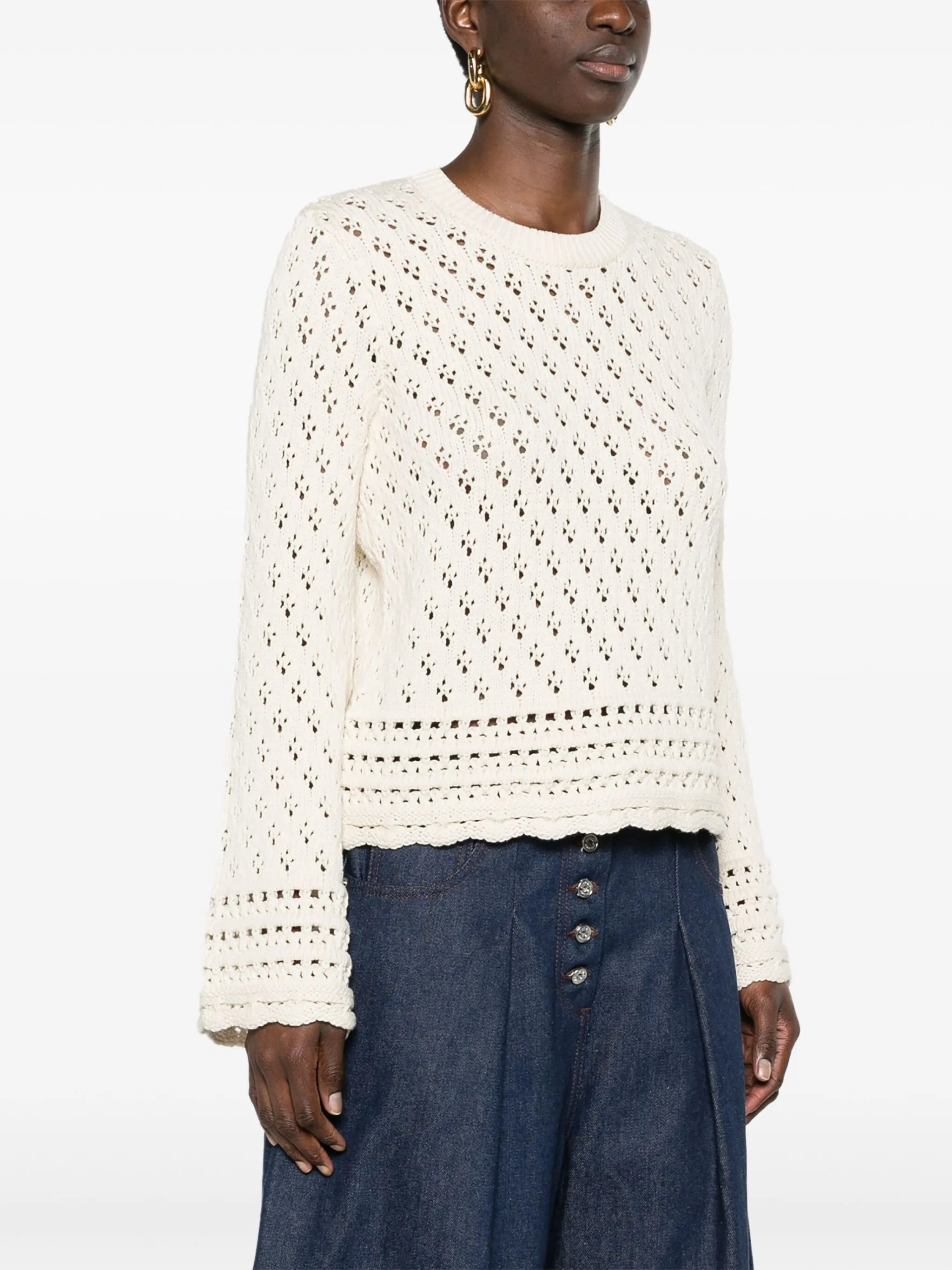 crew-neck crochet-knit jumper