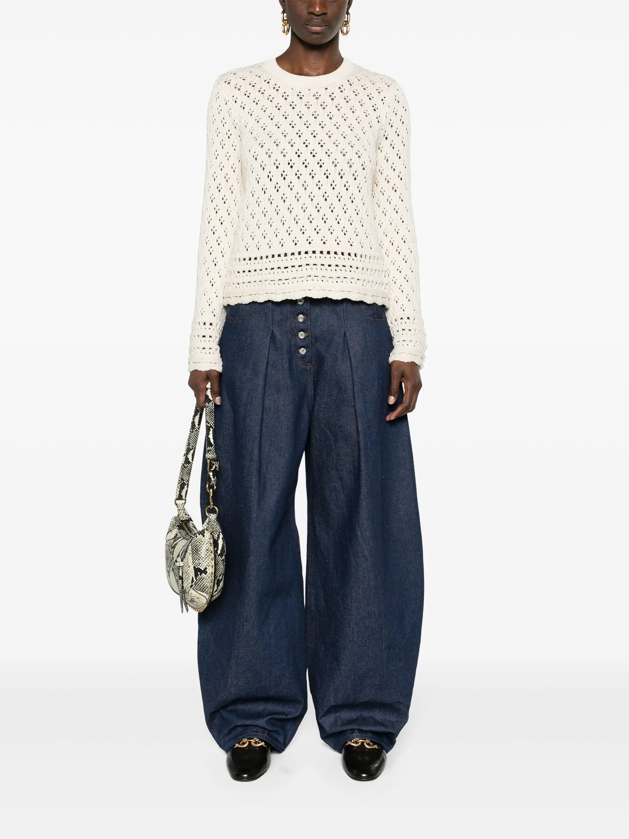 crew-neck crochet-knit jumper