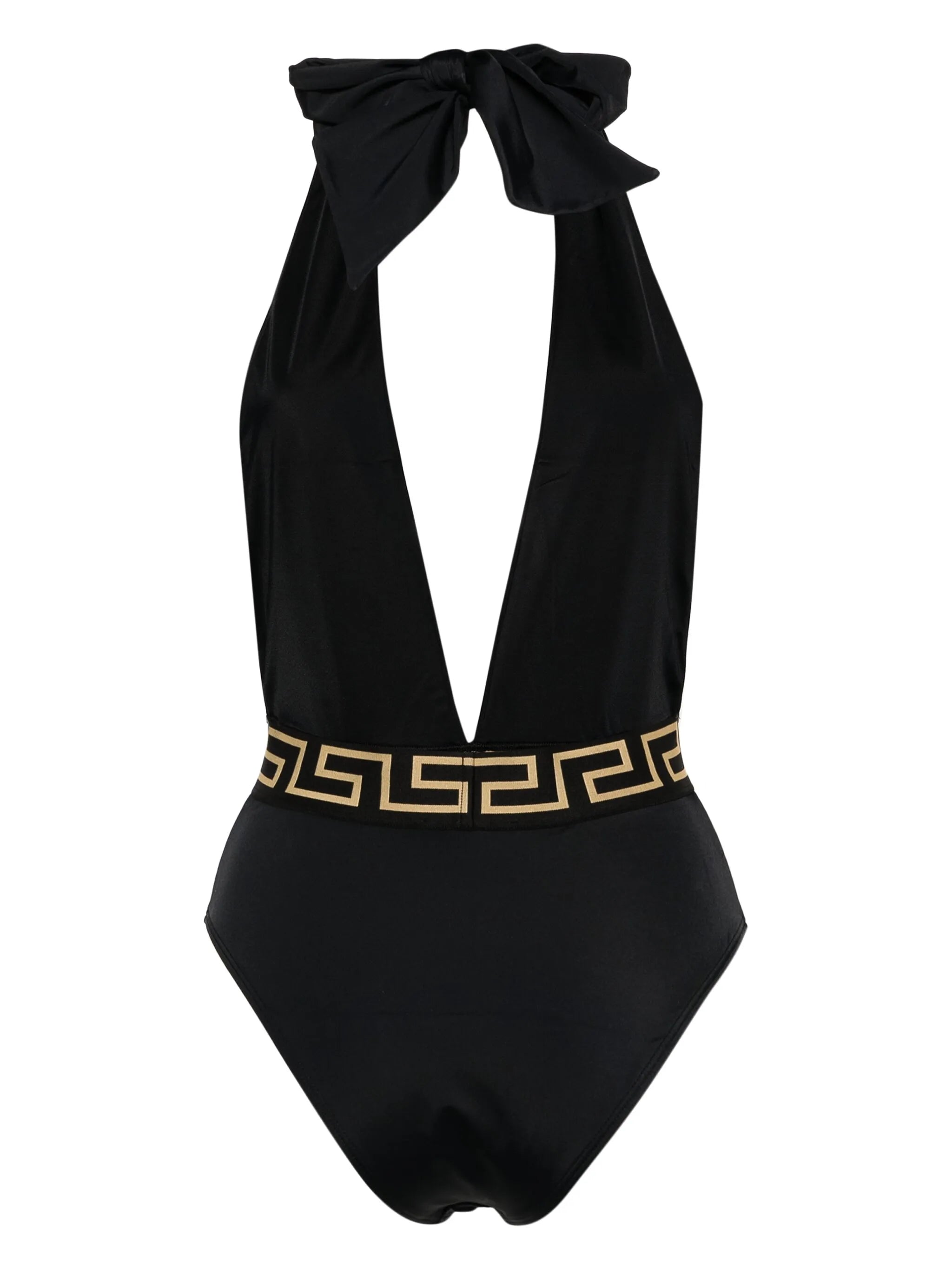 Greca-waistband V-neck swimsuit