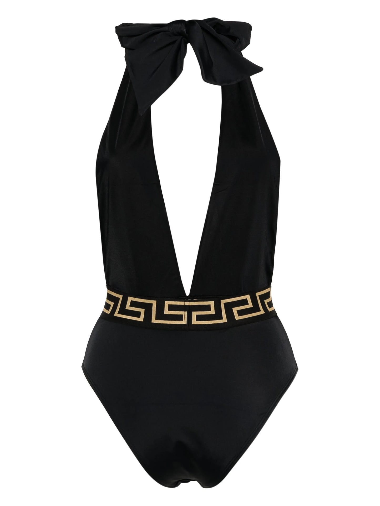 Greca-waistband V-neck swimsuit