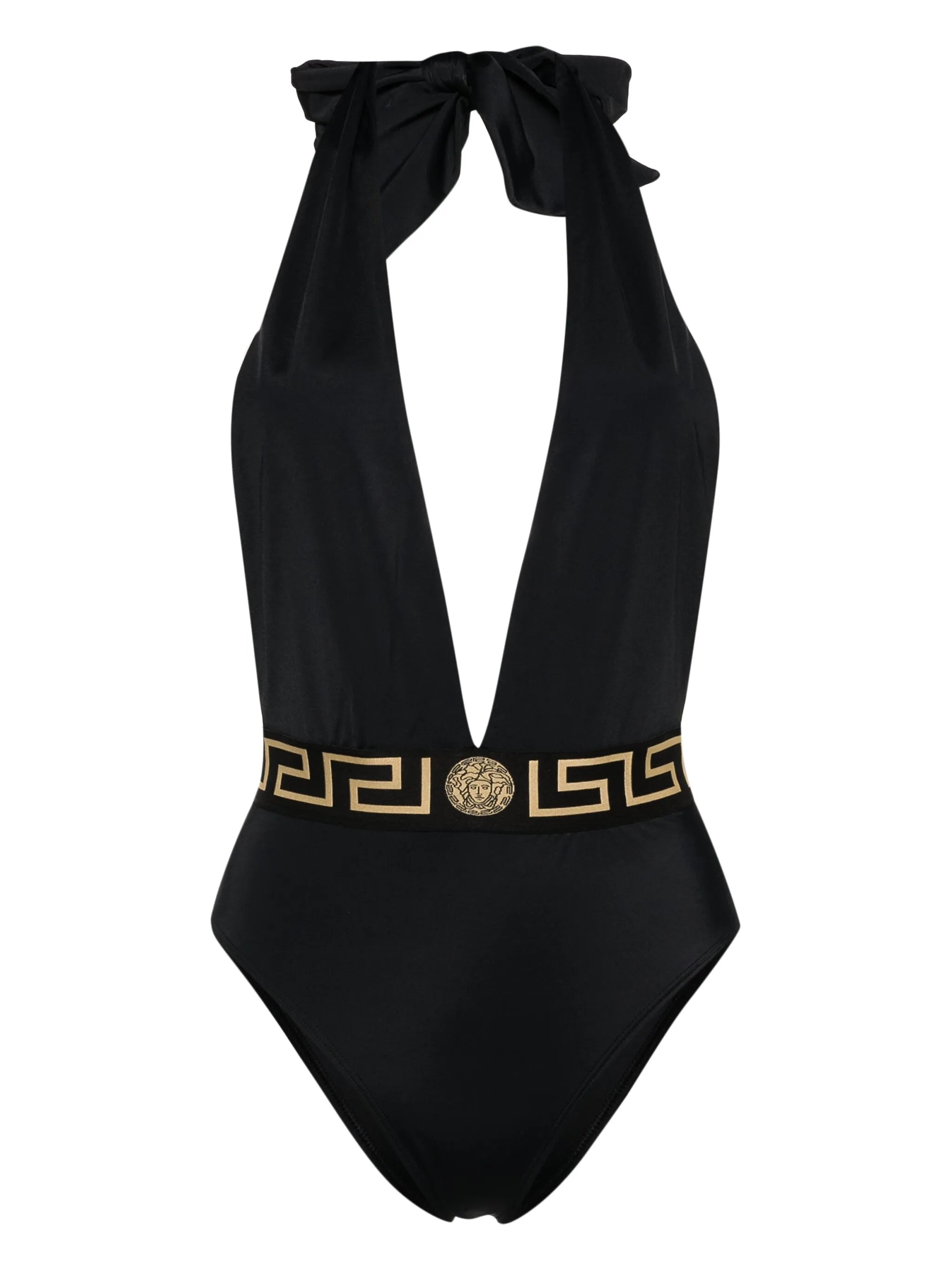 Greca-waistband V-neck swimsuit