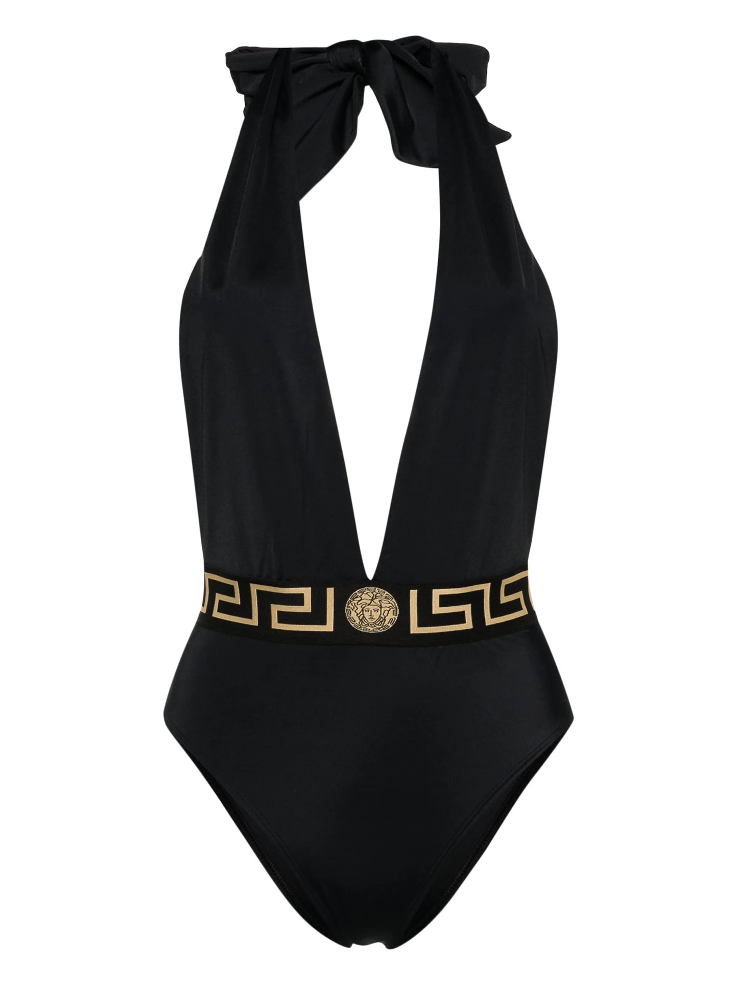 Greca-waistband V-neck swimsuit